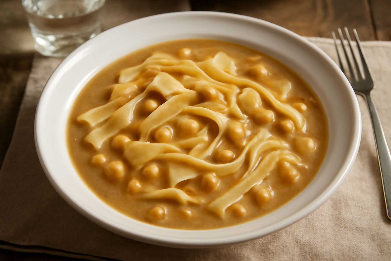 Un piatto bianco fondo con lagane larghe e piatte color beige mescolate a ceci rotondi beige, in un brodo cremoso color nocciola. Una foglia di prezzemolo fresco verde scuro sulla superficie, filo d'o