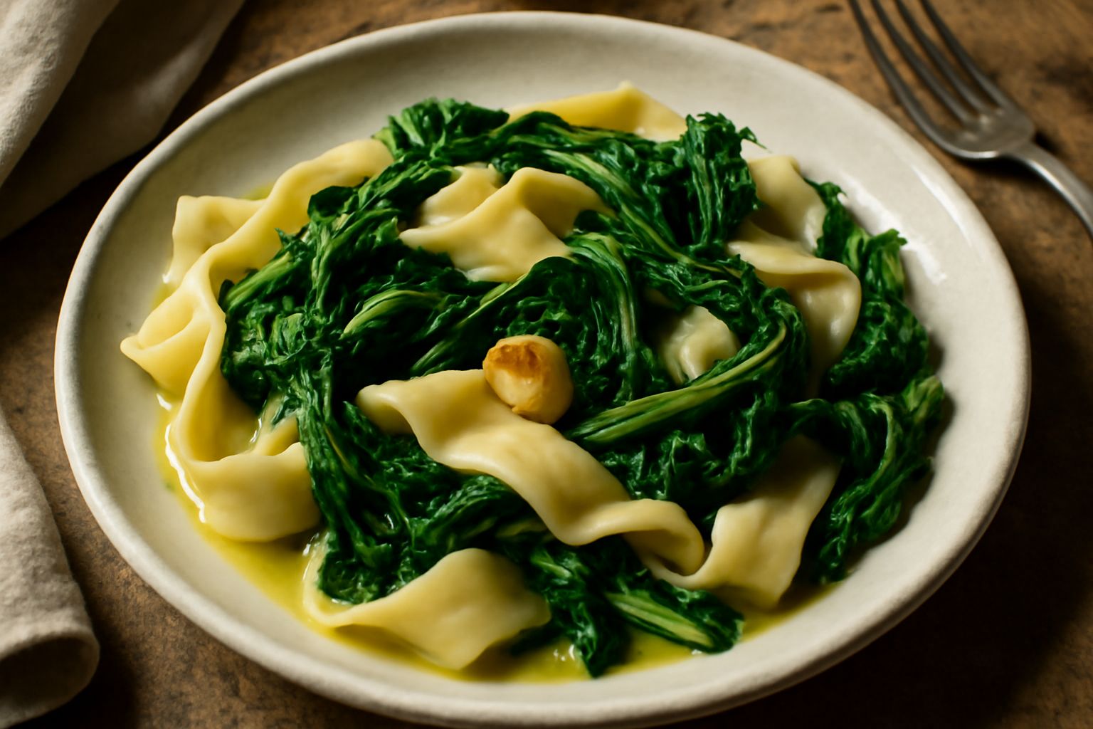 Piatto di lagane larghe e ondulate color panna con cicoria verde scuro salata in olio, guarnito con aglio dorato, servito su piatto bianco con pane tostato a lato