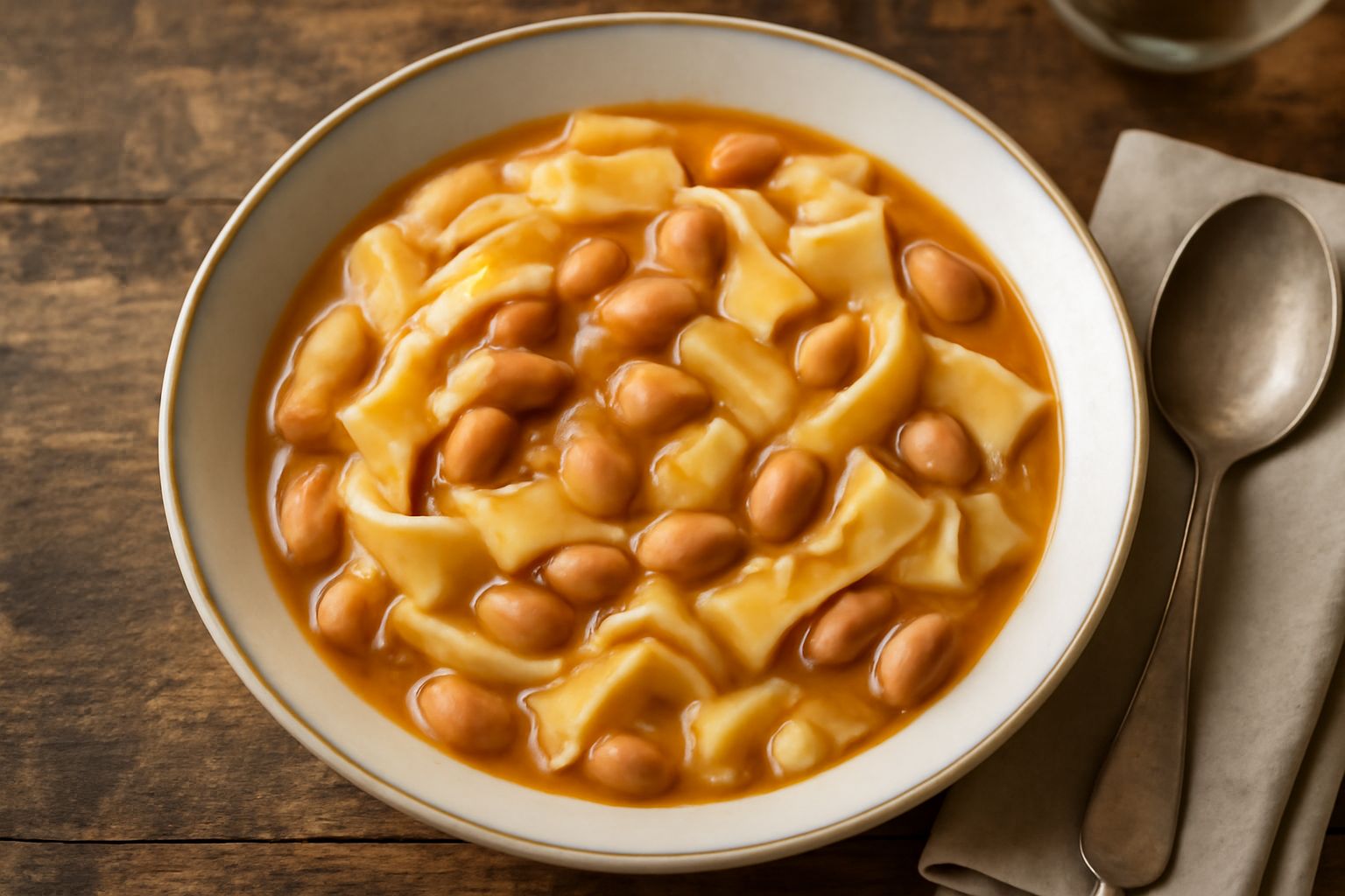 Piatto di terracotta con lagane e fagioli cremosi color avorio e marrone, bagnati di brodo, con gocce di olio verde lucido in superficie e pepe nero spolverato, servito su tavolo di legno rustico