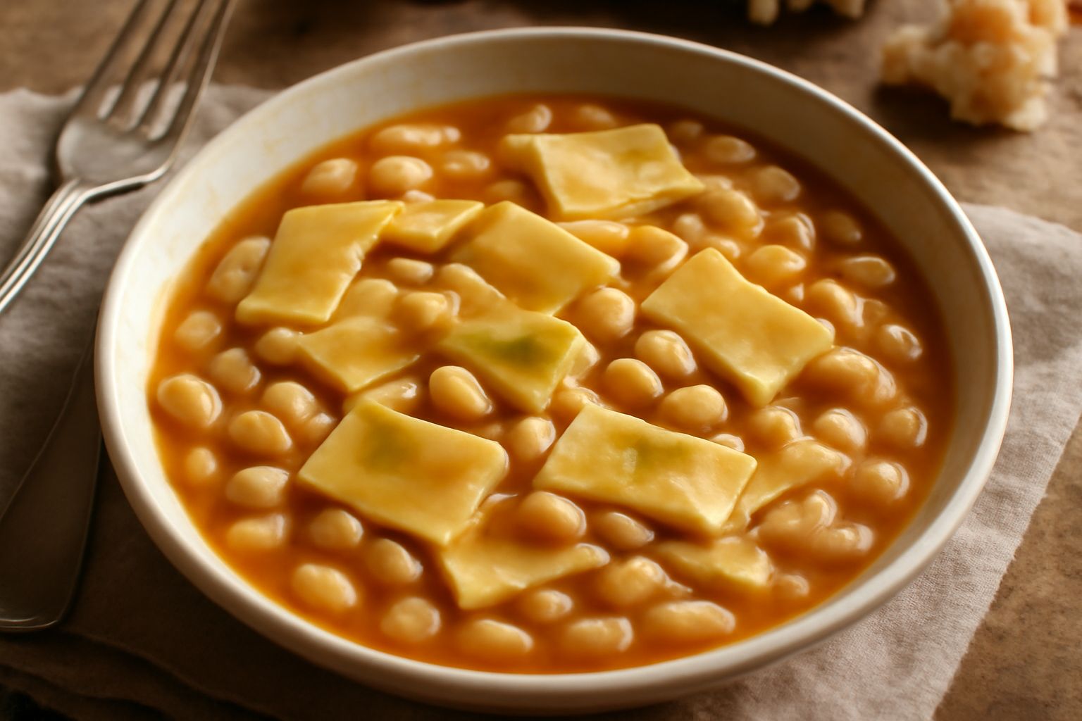 Una ciotola di minestra con lagane piatte e gialle, fagioli bianchi e rossi, brodo trasparente, olio d'oliva che forma gocce lucide in superficie, su fondo bianco, con un cucchiaio di legno appoggiato