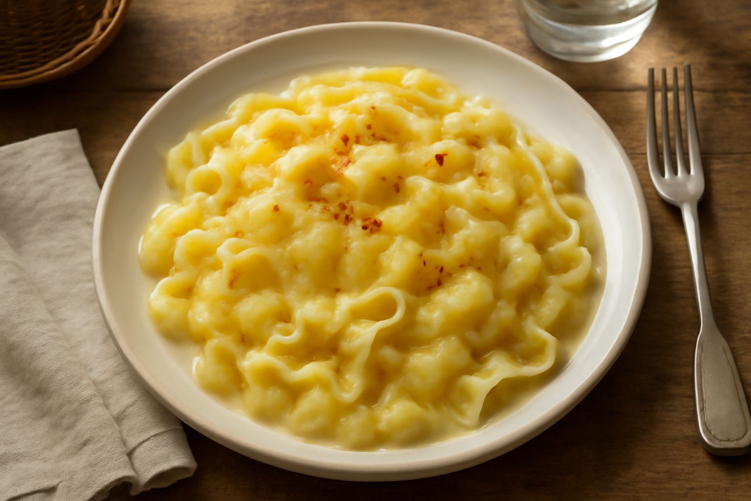 Piatto di lagane e patate cremose con pasta larga color avorio, pezzi di patata morbida color giallo chiaro, mantecati di olio verdastro, aglio dorato, in un piatto fondo bianco