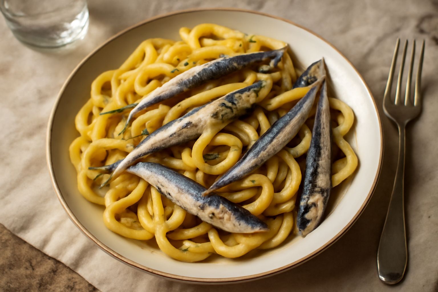 Piatto di lagane cotte con alici intere, olio d'oliva, aglio e prezzemolo fresco, servite in una ciotola di ceramica bianca. La pasta è color ambra, le alici argentate, il sugo trasparente con gocce d