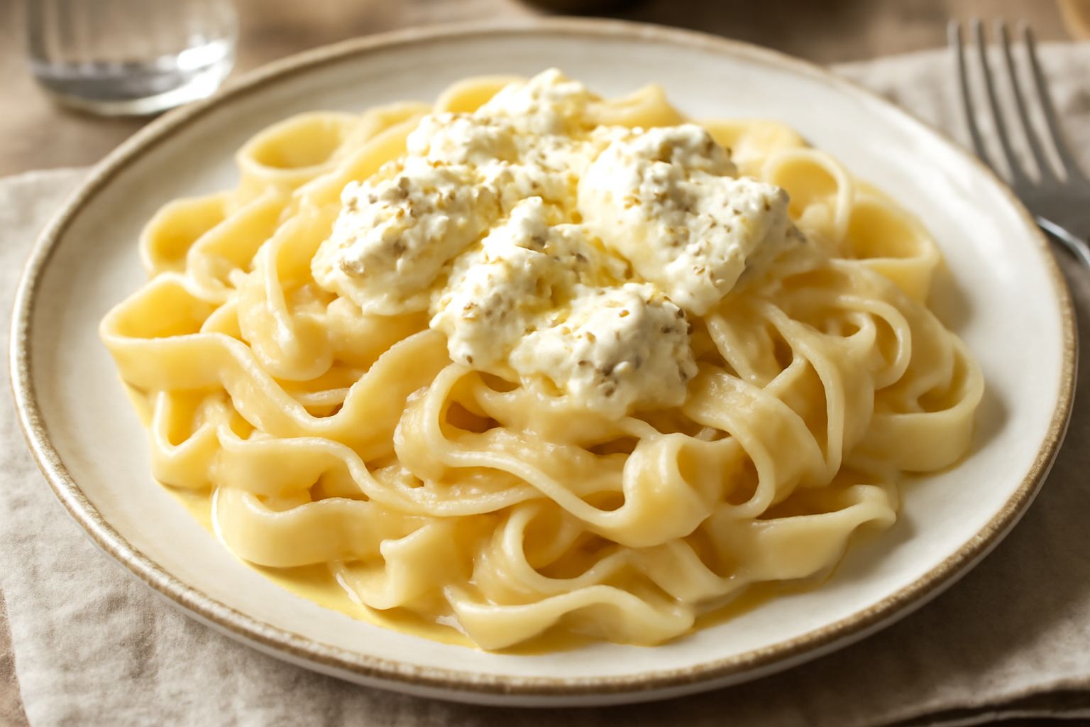 Piatto di lagane appena scolate, bianche e leggermente umide, condite con ricotta bianca cremosa a cucchiai, olio d'oliva giallastro in superficie, pepe nero macinato fresco, servite in piatto bianco 