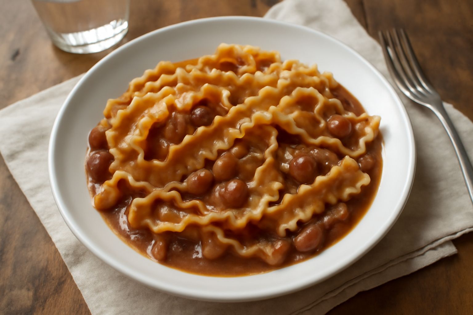 Piatto di lagane ricce con fagioli bianche e rossi, pasta ondulata avvolta in salsa beige, gocce di olio verde sulla superficie, su fondo bianco con cucchiaio di legno