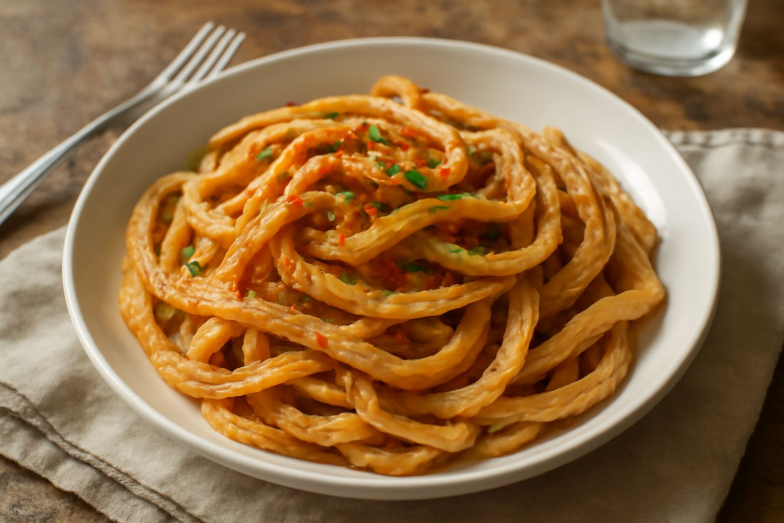 Piatto di lagane rigate ondulate di color giallo pallido, servite in un piatto bianco con sugo di pomodoro e basilico fresco, con formaggio grattugiato in cima