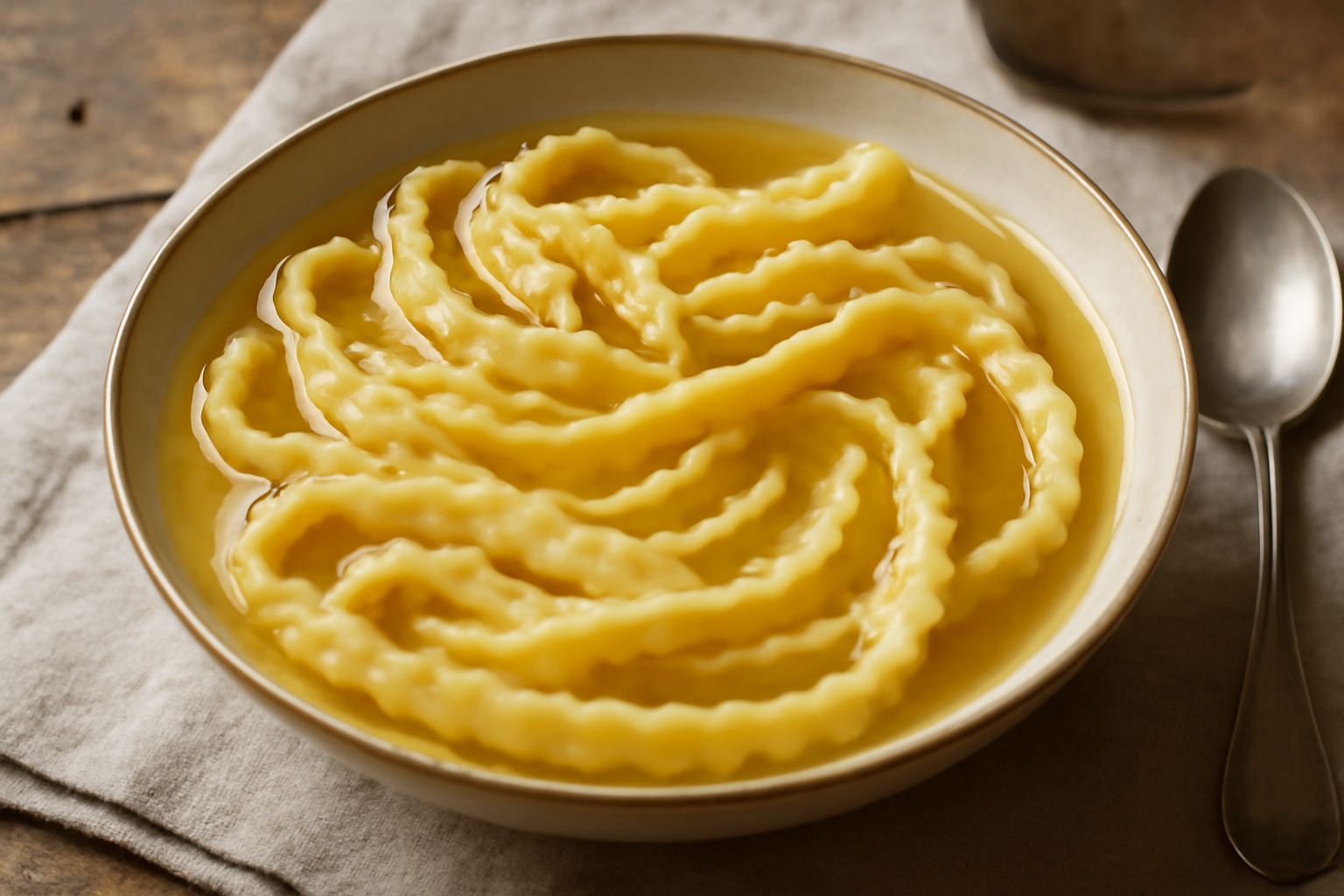 Ciotola di ceramica bianca con laganelle ondulate di pasta fresca giallo pallido immerse in brodo trasparente e fumante, con una foglia di prezzemolo fresco sopra
