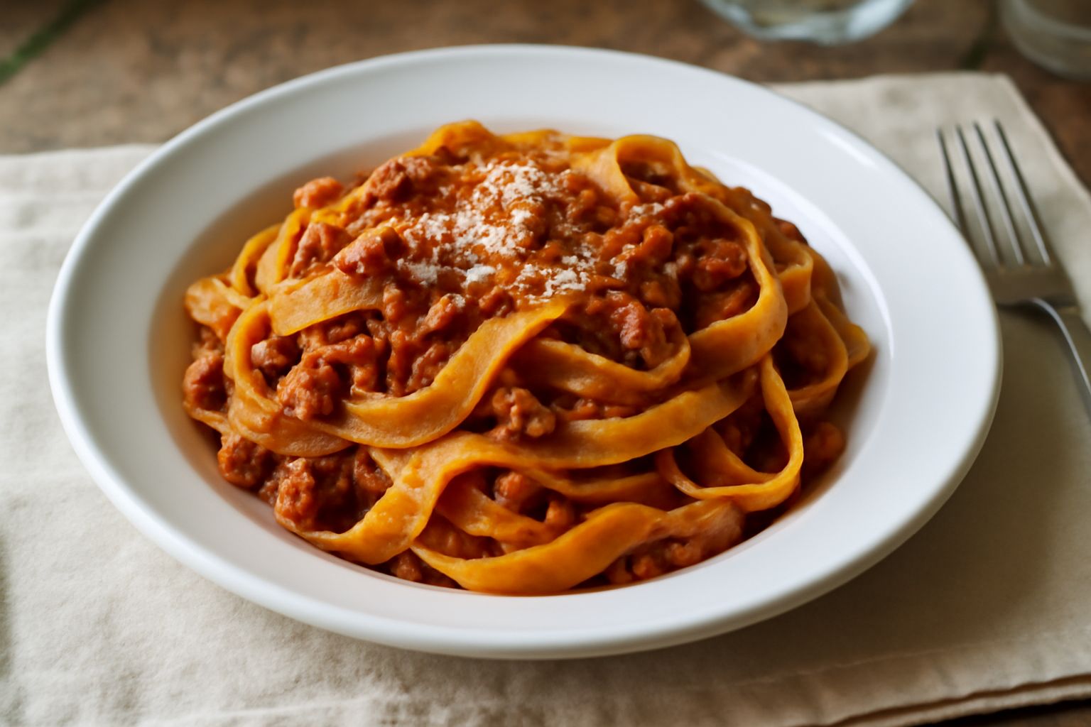 Un piatto di laganelle al ragù, pasta larga e corta color ambrato, ricoperta di ragù rosso brunastro con pezzetti di carne visibili, condita con parmigiano reggiano bianco grattugiato, in un piatto bi
