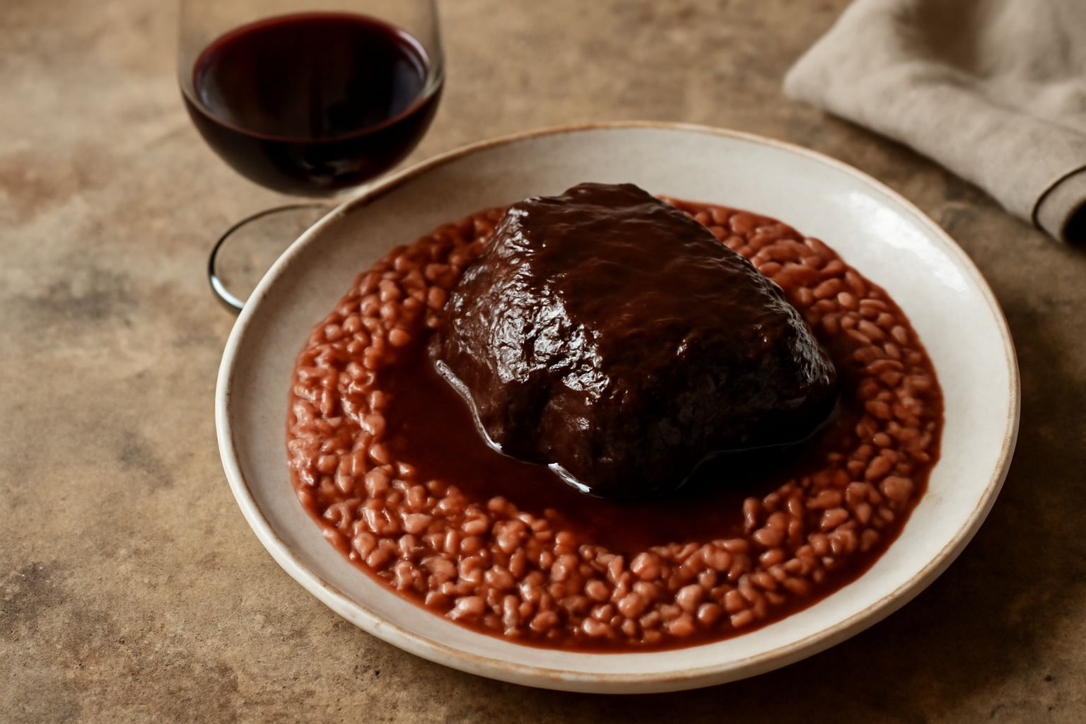 Bicchiere di Lagrein rosso scuro con riflessi granato, accanto a un piatto di brasato in vino rosso fumante, contornato da erbe aromatiche fresche e una bottiglia di Lagrein sullo sfondo
