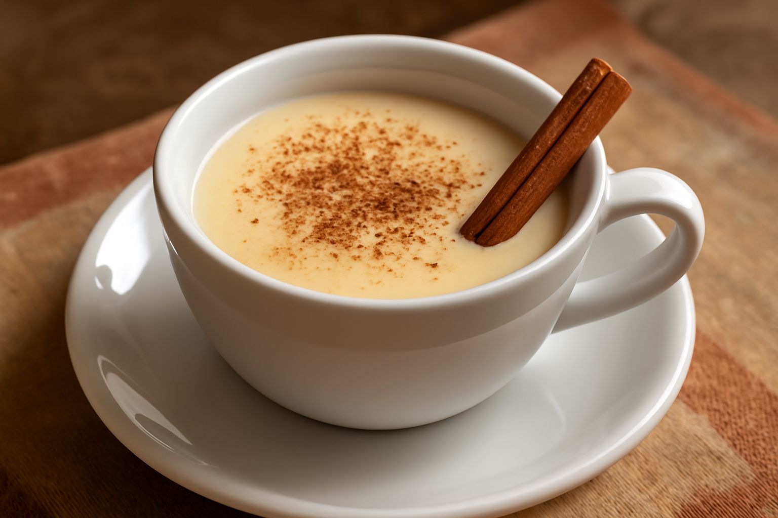 Un bicchiere di lait de poule beige chiaro e cremoso, versato in una tazza trasparente, guarnito con una spolverata di noce moscata e una stecca di cannella, con vapore leggero che sale dalla superfic
