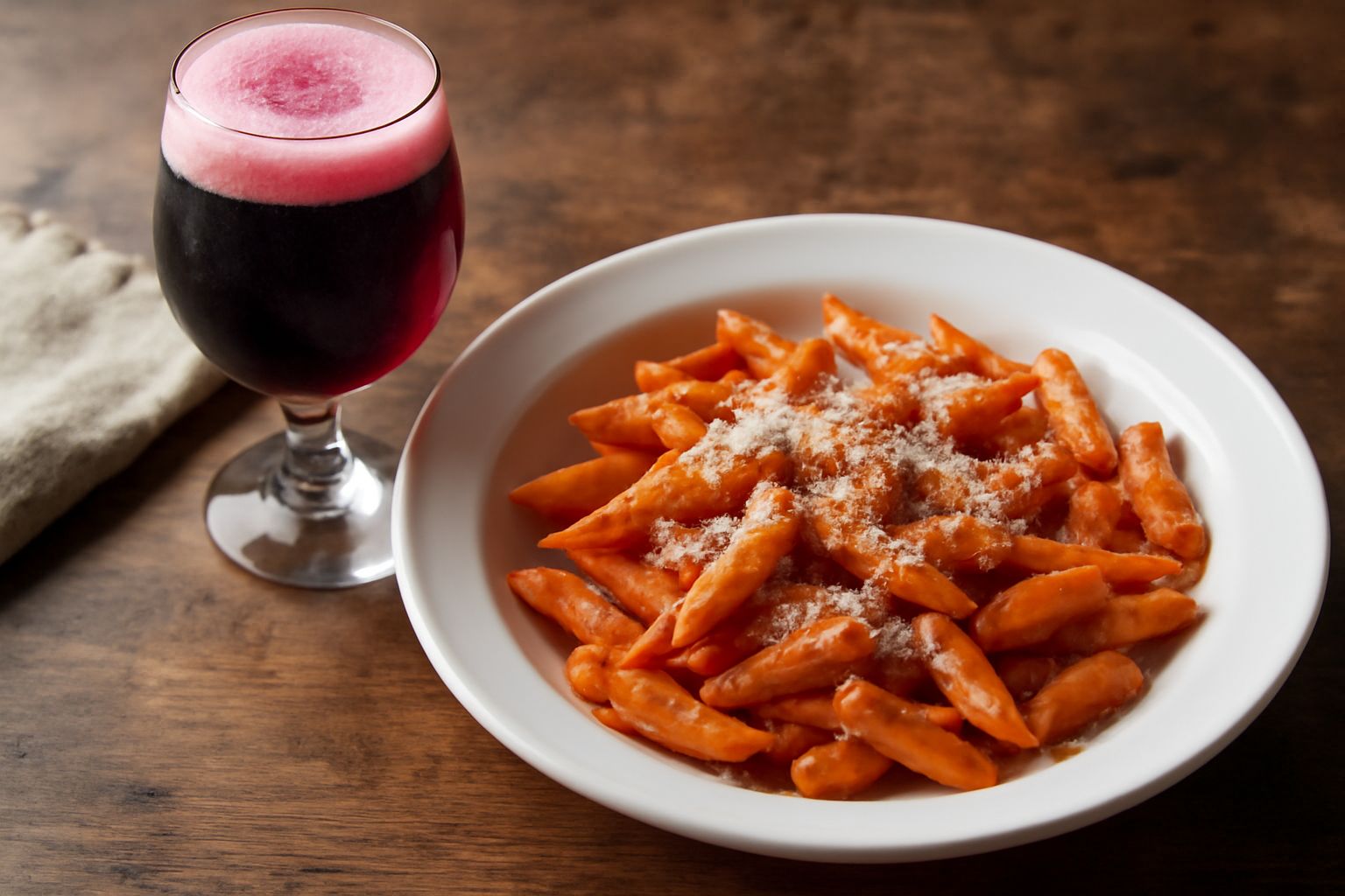 Bicchiere di lambrusco rosso frizzante leggermente ghiacciato con schiuma cremosa in superficie, accanto a una bottiglia scura su un tavolo di legno