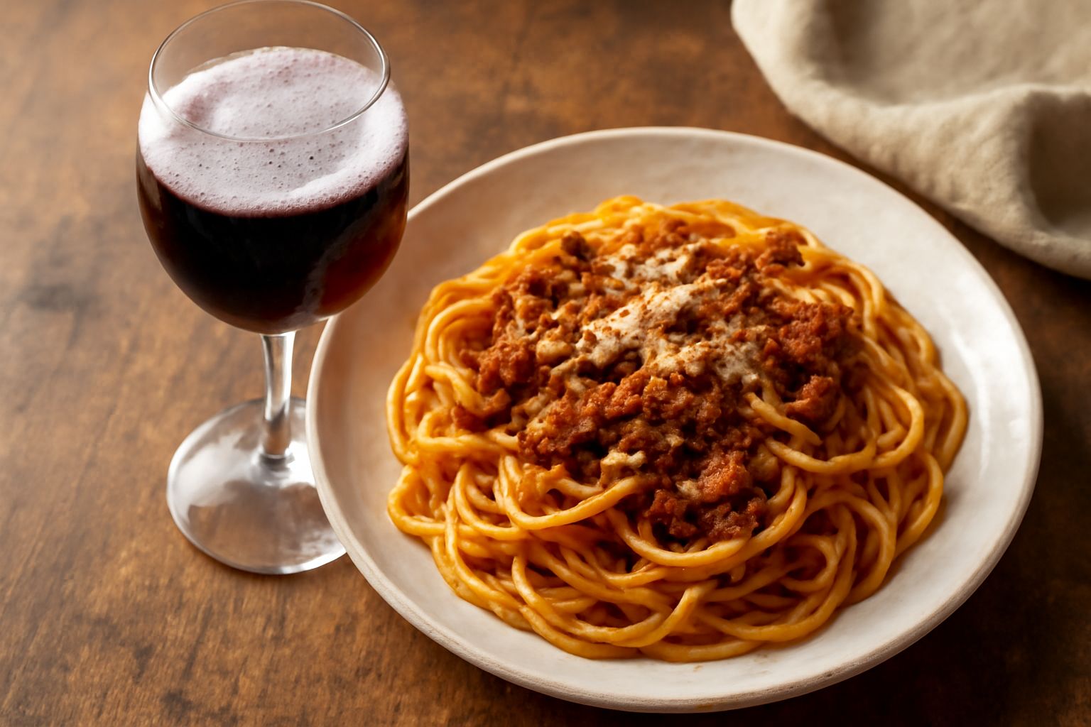 Calice di lambrusco bergamasco frizzante di colore rosso rubino con effervescenza visibile, servito a tavola con uva scura sullo sfondo e bottiglia di vetro scuro