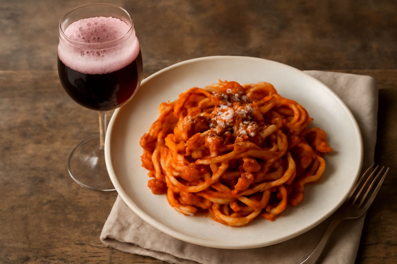 Calice di Lambrusco di Mantova frizzante rosso rubino con schiuma, servito freddo a tavola accanto a piatti di tortellini e salumi locali