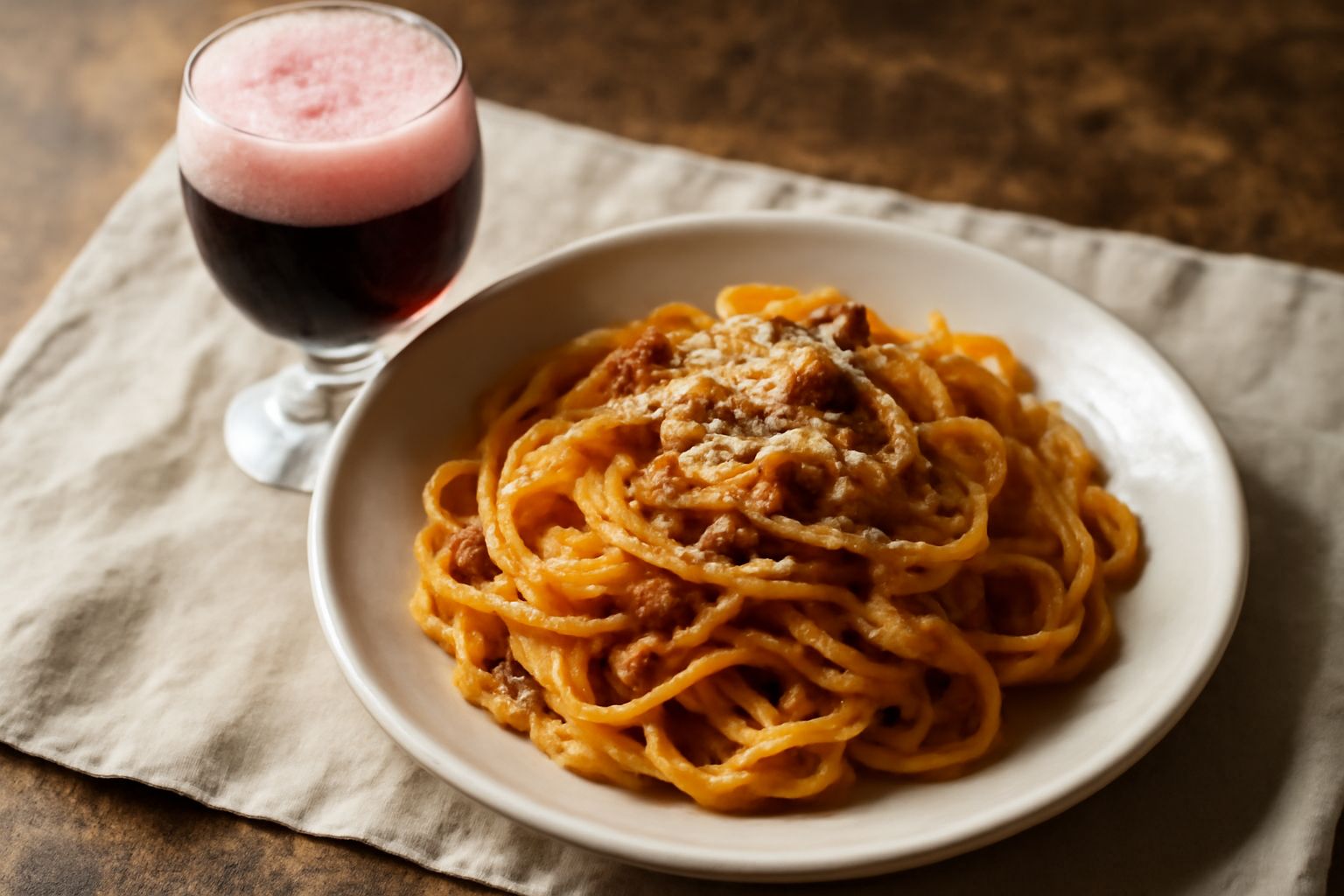 Bicchiere di Lambrusco di Modena con schiuma leggera e colore rosso rubino, servito freddo accanto a un piatto di salumi e formaggio fresco su tavolo in legno scuro