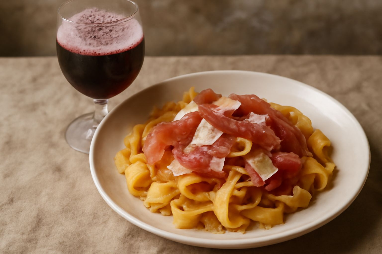 Calice di Lambrusco di Parma rosso scuro con bollicine visibili, servito in bicchiere da vino bianco su tavola di legno chiaro, con grappolo di uva rossa sullo sfondo