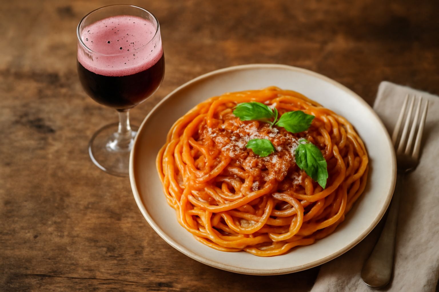 Bicchiere di Lambrusco rosso frizzante con schiuma leggera, accanto a un piatto di salumi emiliani come mortadella e culatello su una tavoletta di legno scuro, con sfondo sfocato di bottiglie di vino