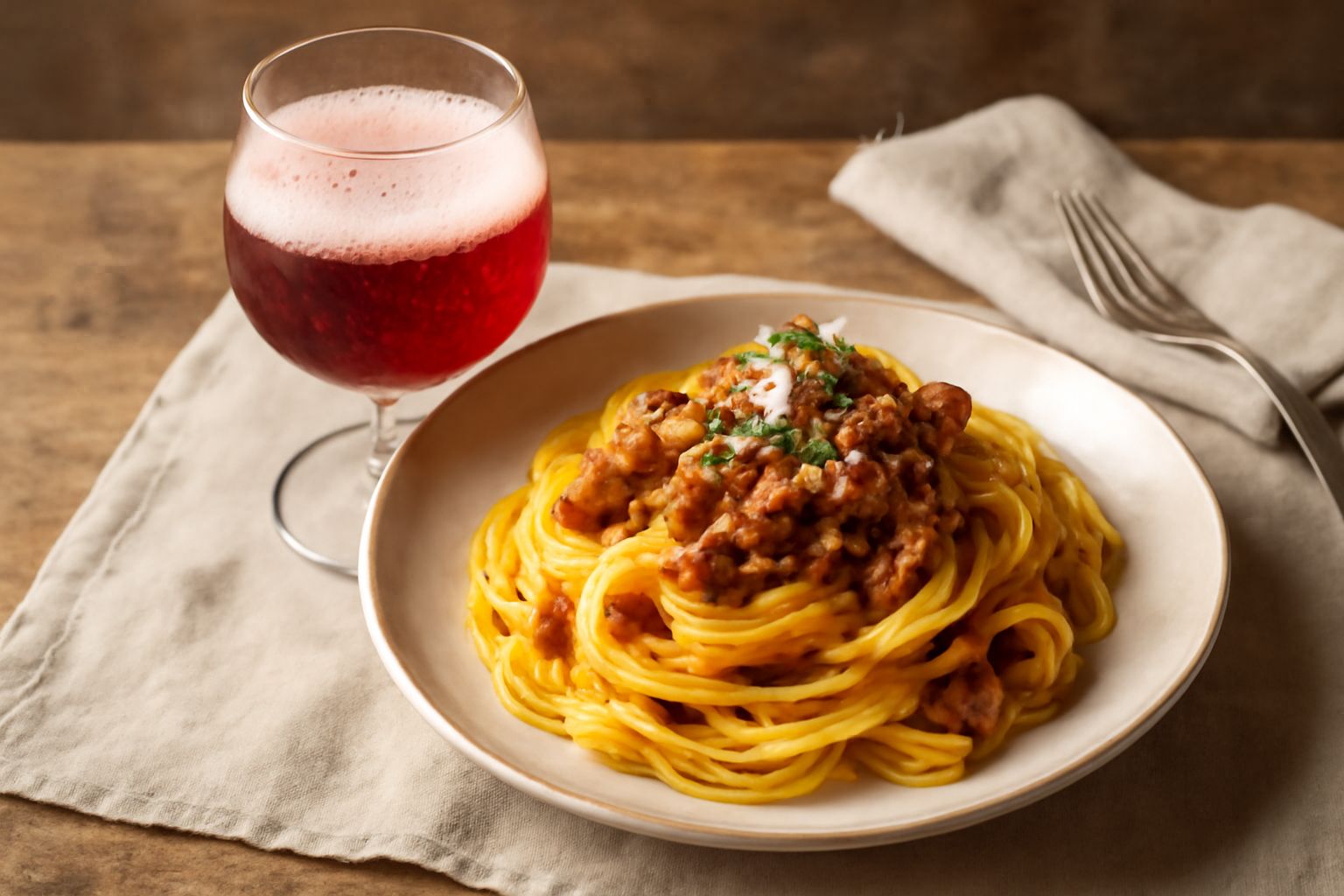 Bicchiere di Lambrusco di Sorbara colore rosso rubino con bollicine visibili, servito freddo su tavolo di legno con sottofondo di uva rossa e bottiglie di vino
