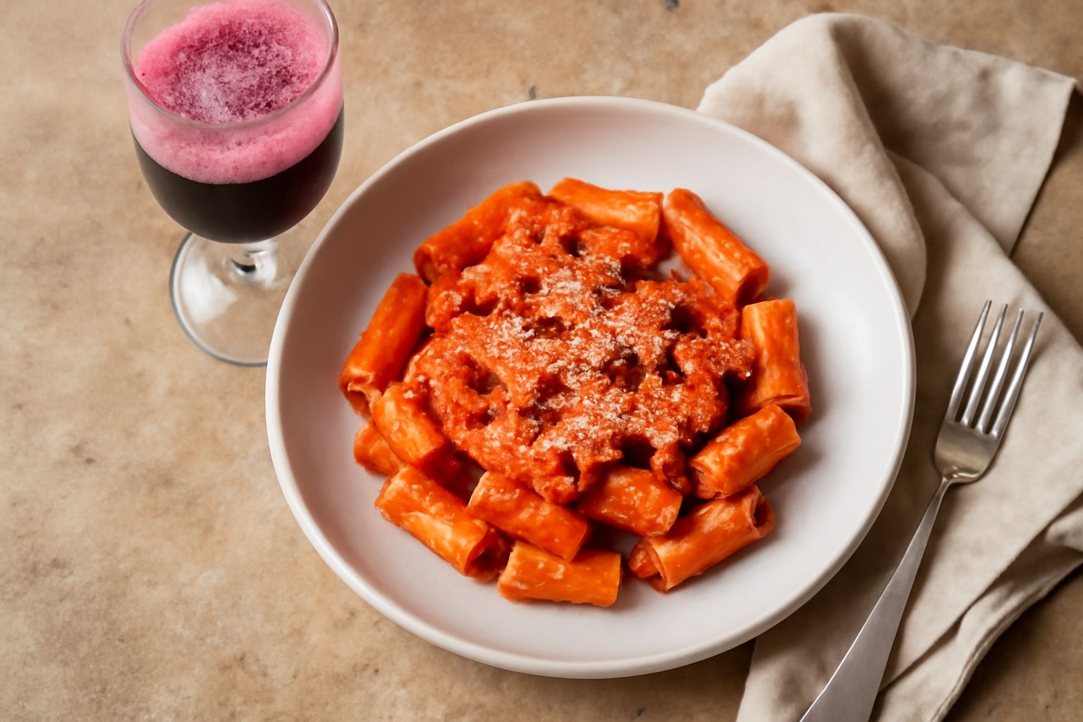 Bicchiere di Lambrusco Grasparossa di Castelvetro con colore rosso rubino e spuma naturale, accanto a mortadella affettata, formaggio Parmigiano-Reggiano e pane toscano su tagliere di legno