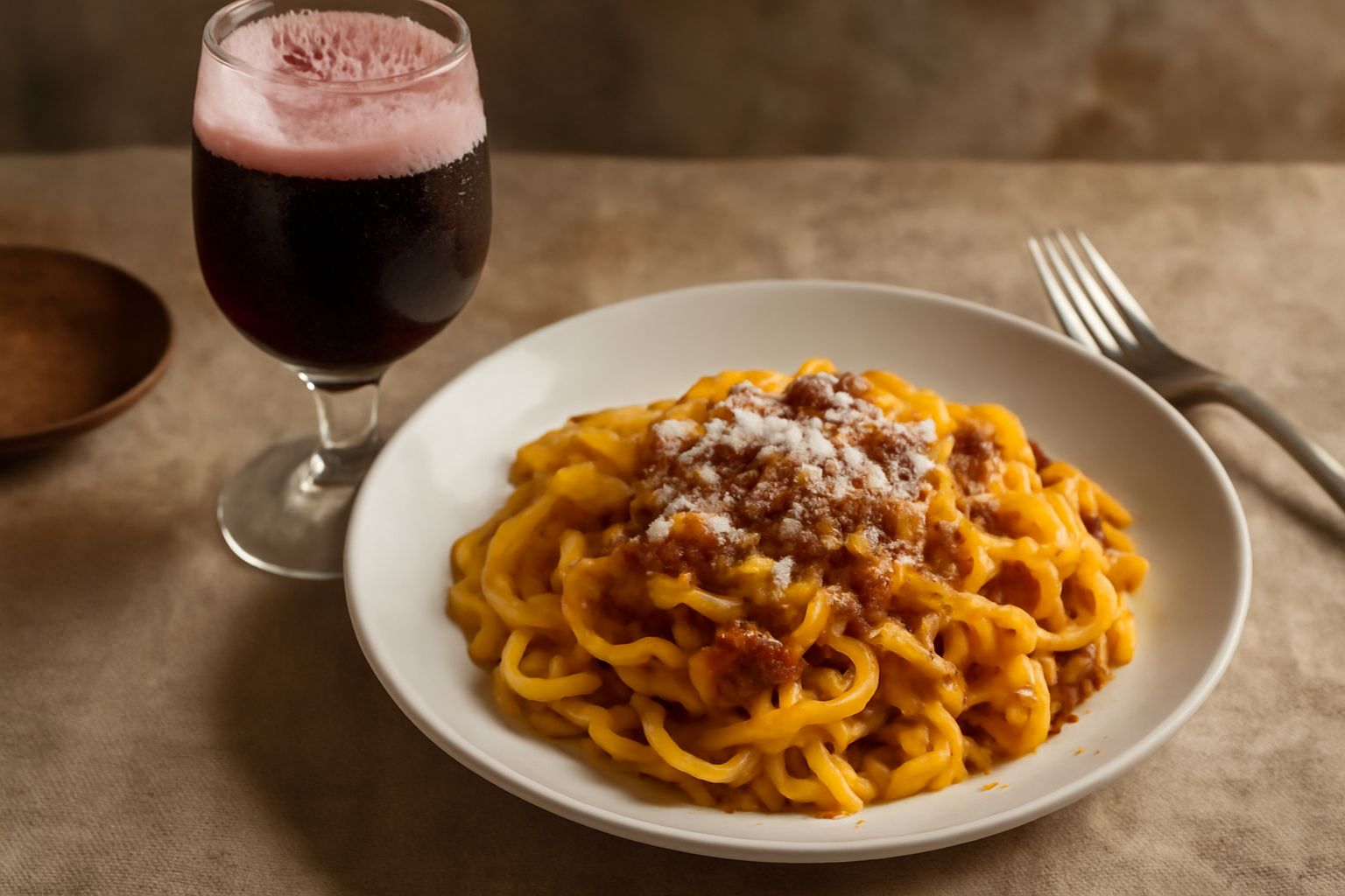 Calice di Lambrusco Maestri rosso rubino trasparente e frizzante, con bollicine che risalgono verso il bordo, servito a tavola accanto a un tagliere di affettati e piadina