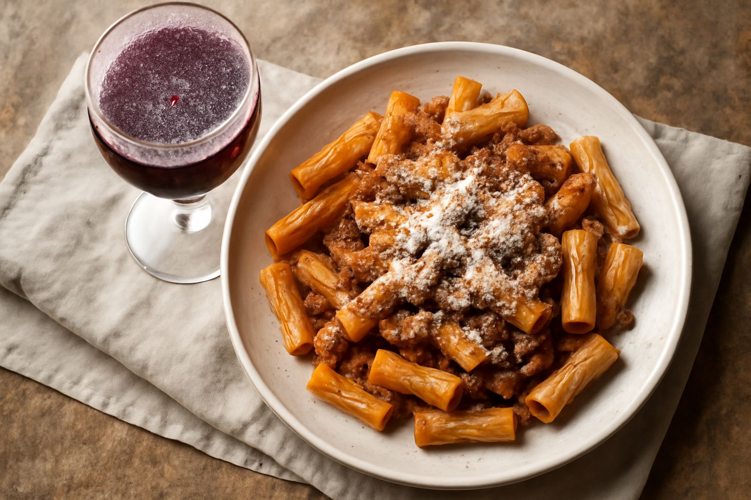 Calice di lambrusco mantovano con colore rosso rubino e perlage visibile, servito su tavolo di legno con piatti di salumi toscani e focaccia
