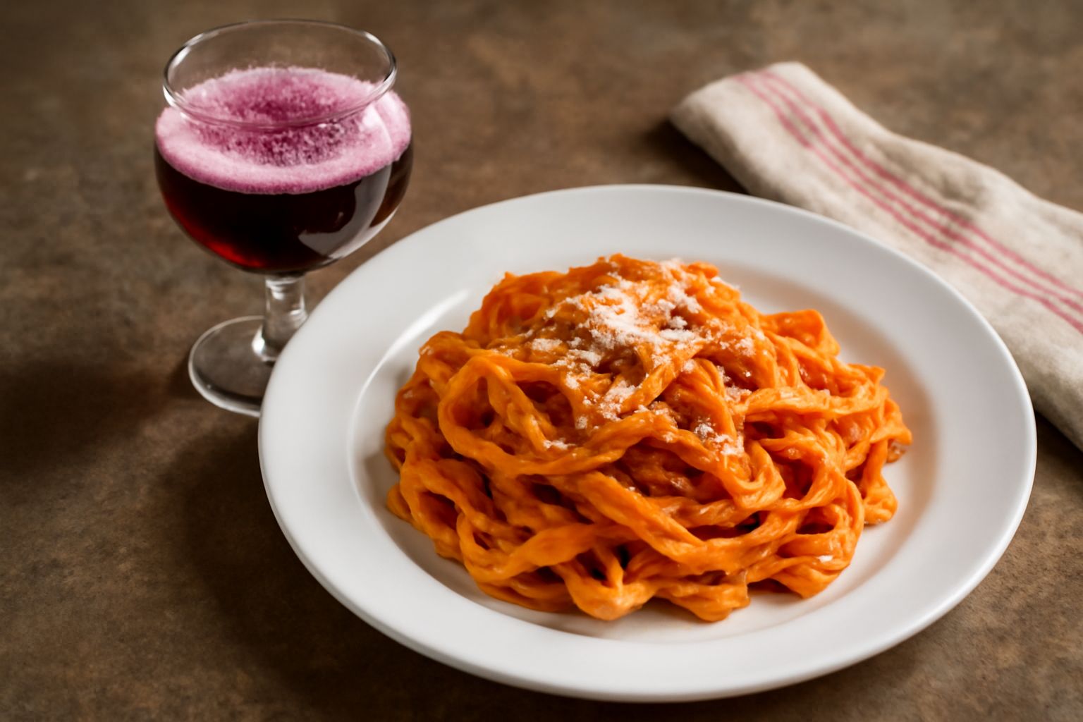 Calice trasparente con Lambrusco Marchigiano color rosso rubino, effervescenza visibile, servito freddo su tavolo di legno con uva nera e formaggi in sottofondo