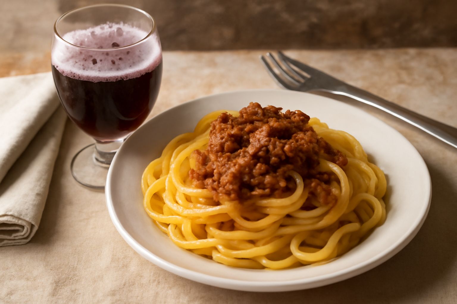 Calice di Lambrusco Reggiano color rosso rubino con spuma frizzante leggera, servito accanto a un tagliere con affettati e pane toscano su una tavola di legno