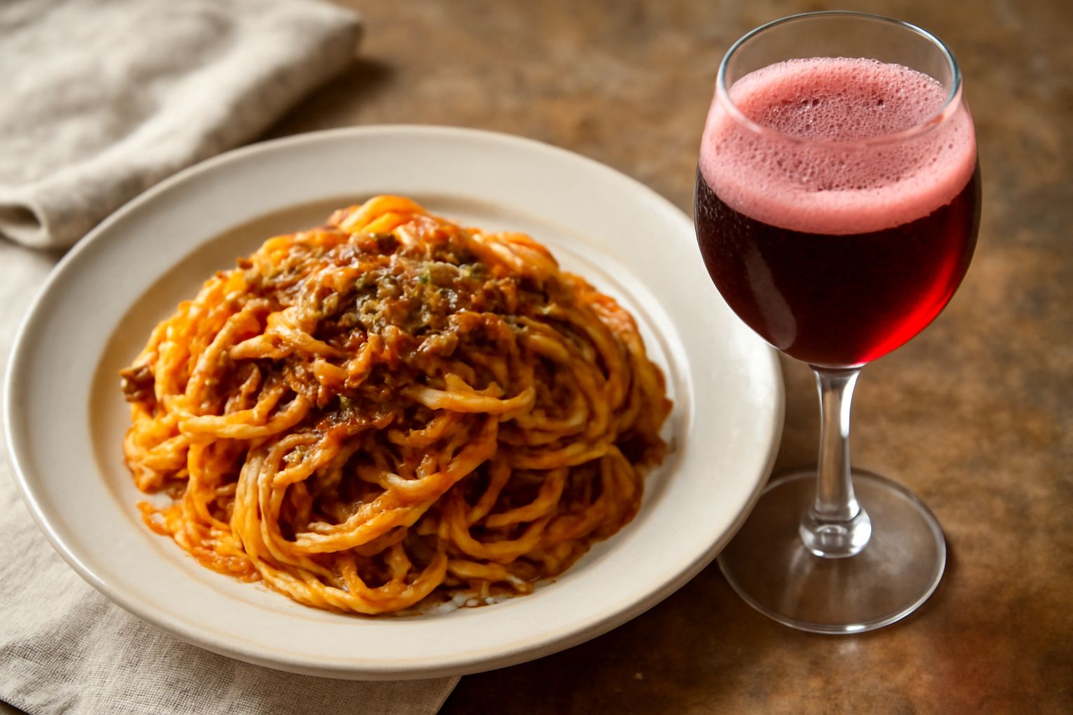 Calice di Lambrusco Salamino di Santa Croce rosso rubino semitrasparente con effervescenza visibile, accanto a un piatto bianco con salumi affettati, parmigiano reggiano a scaglie e noci; tavolo di le