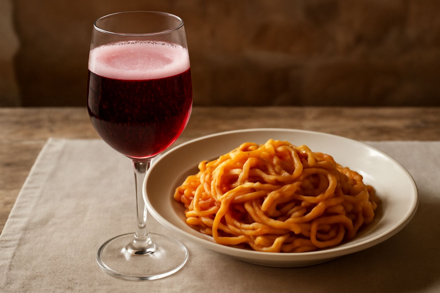 Calice di lambrusco secco con perlage visibile, colore rosso rubino trasparente, servito in bicchiere a stelo con sfondo tavola rustica di legno scuro e vista di una bottiglia mezza vuota