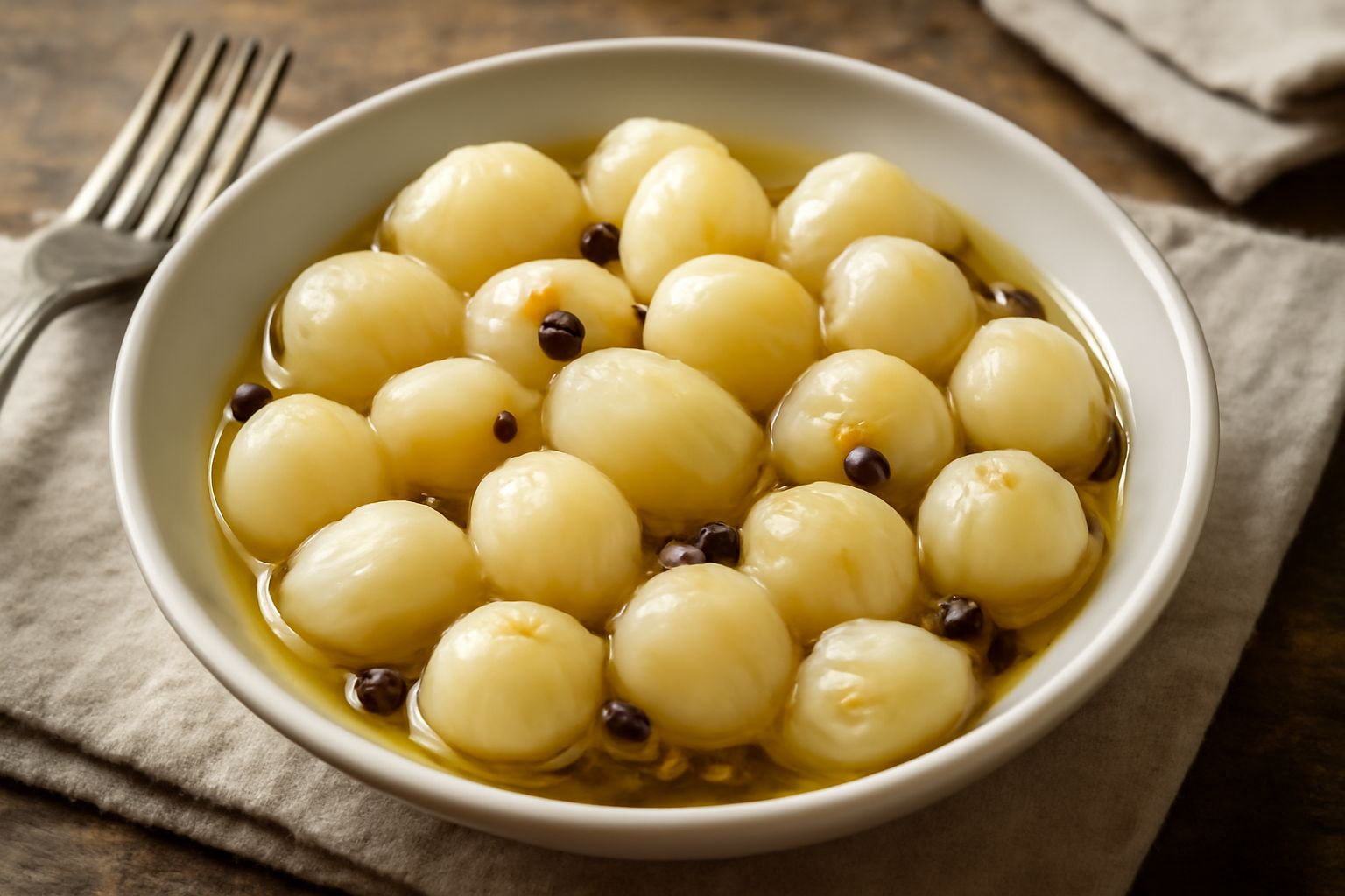 Lampascioni sott'aceto in un barattolo di vetro trasparente con aceto limpido, pepe nero visibile, foglie intere color bianco panna e pallido, su fondo bianco
