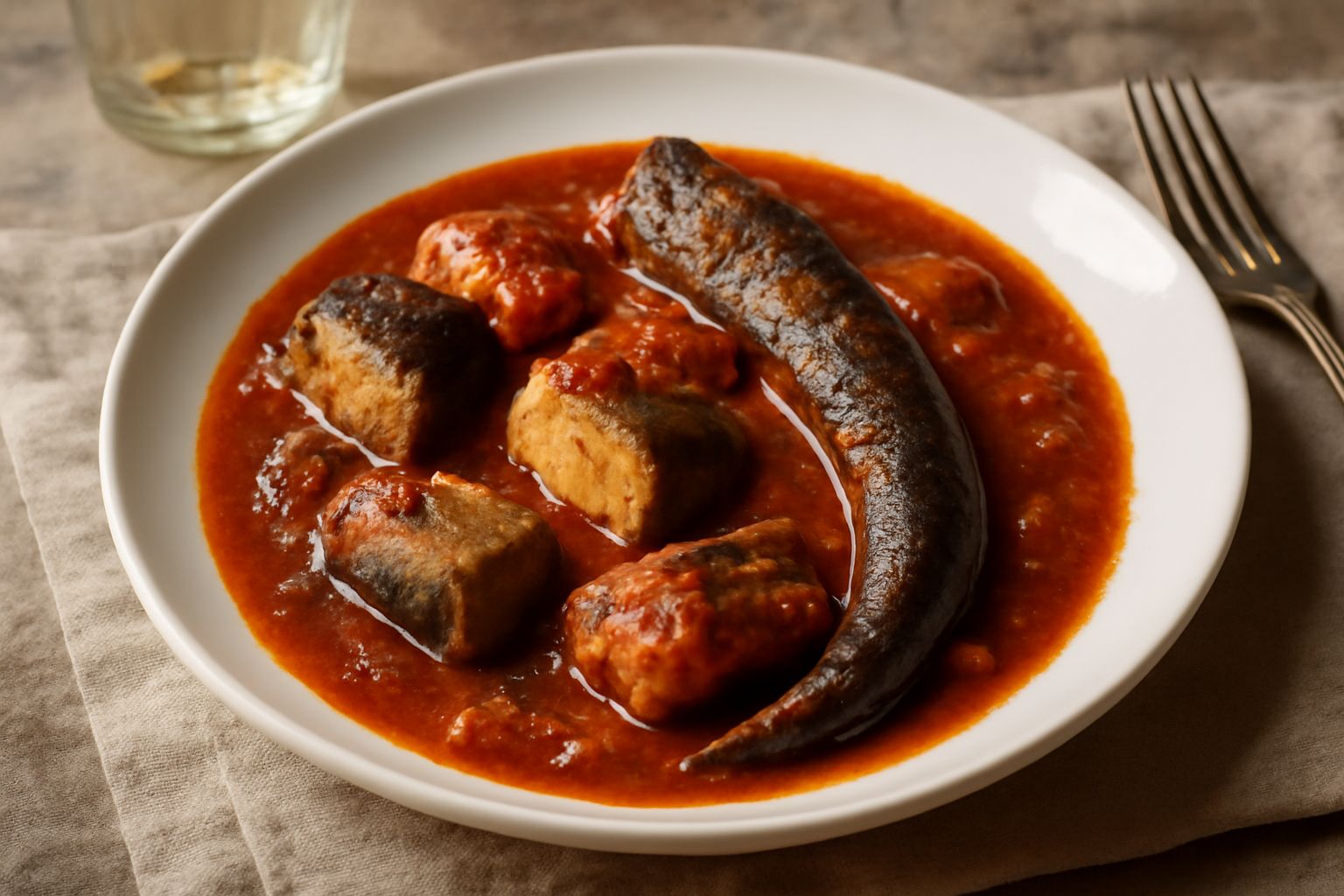 Lampreda in umido in pentola di terracotta: la lampreda intera marrone scuro è adagiata in un sugo rosso denso di pomodoro, contornata da cipolle tagliate e sedano, guarnita con prezzemolo fresco verd