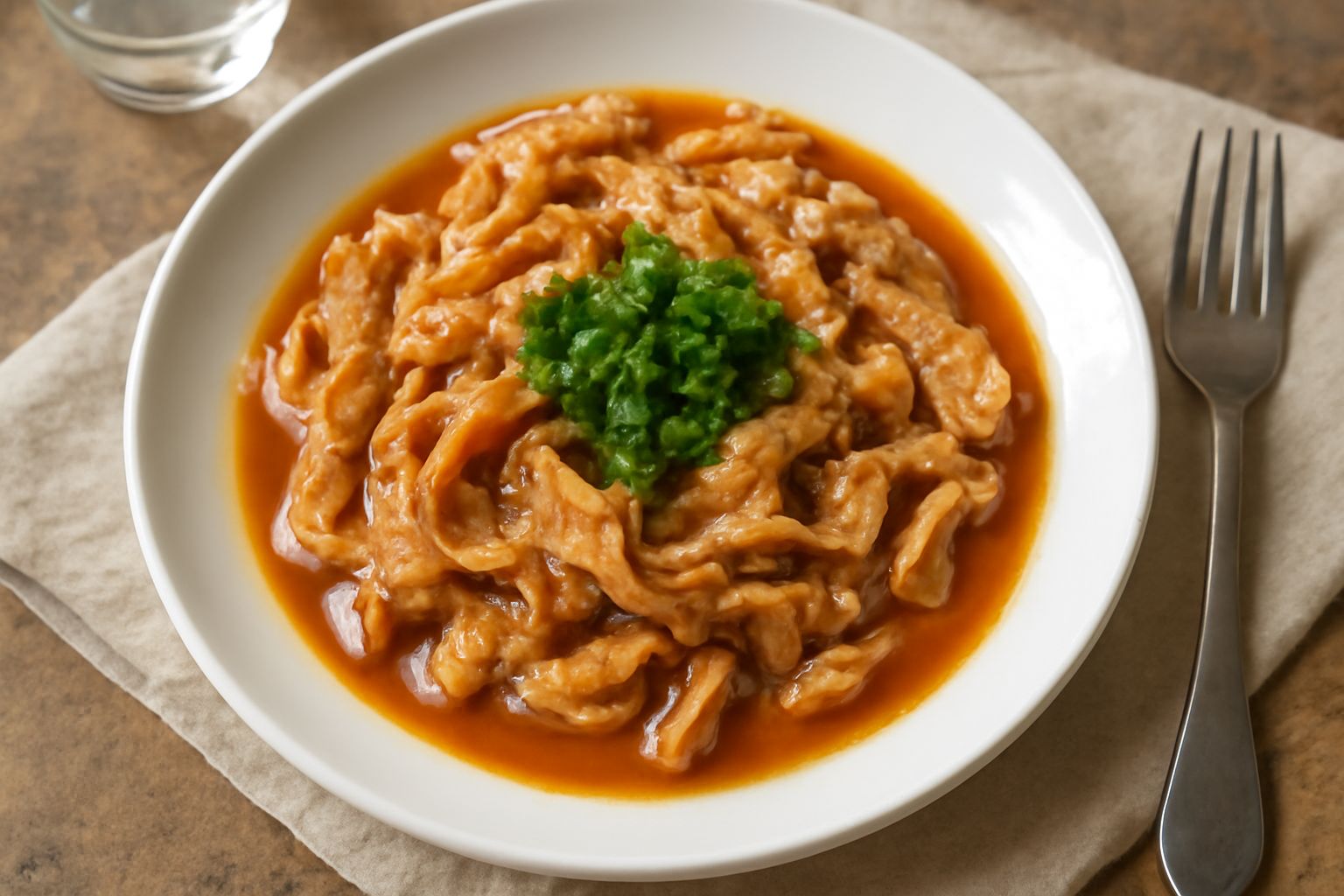 Lampredotto in umido in una pentola di terracotta con sugo di pomodoro rosso scuro, pezzi di trippa morbida e prezzemolo fresco in primo piano