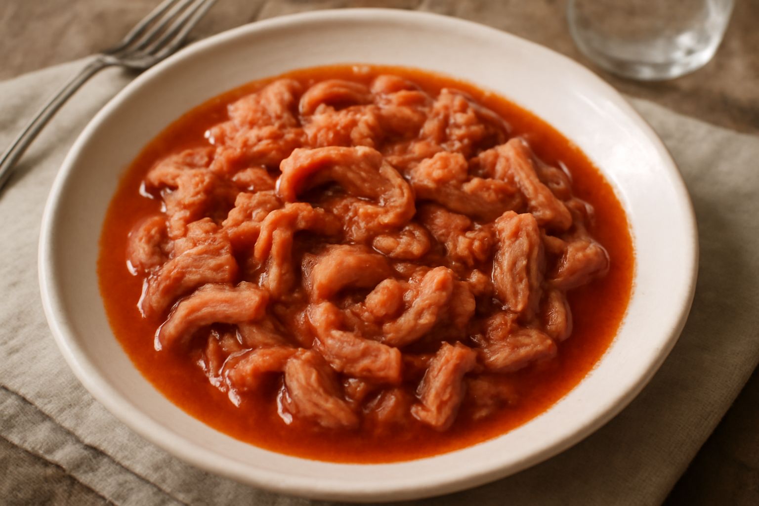 Lampredotto in umido in una ciotola bianca, pezzi di trippa beige e marrone immersi in sugo rosso pomodoro con verdure, condito con prezzemolo verde