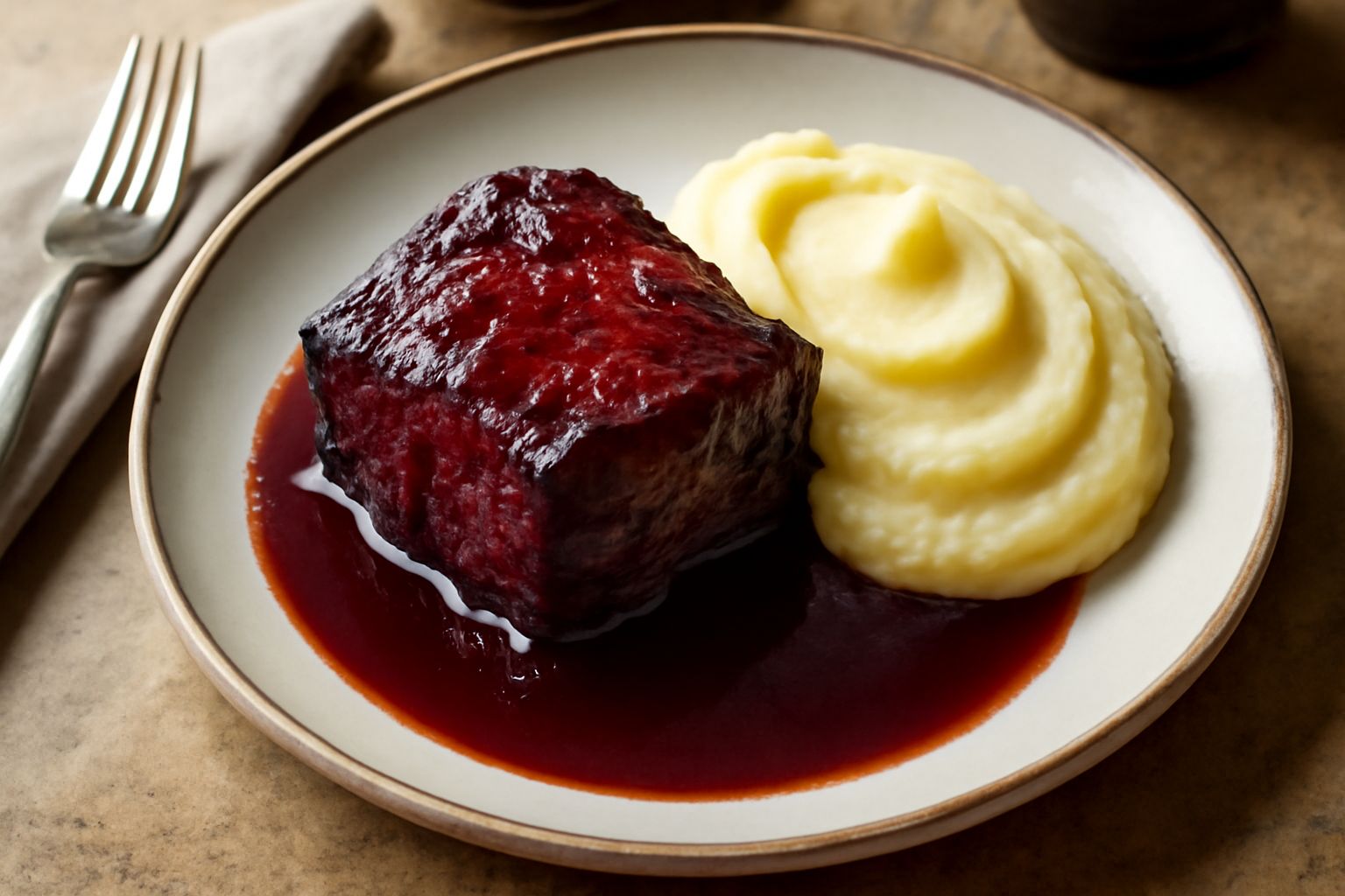Brasato di manzo rosso scuro in teglia di ceramica con salsa lucida, cipolla e carota visibili, contorno di purea bianca nel piatto bianco, ombra morbida da luce naturale