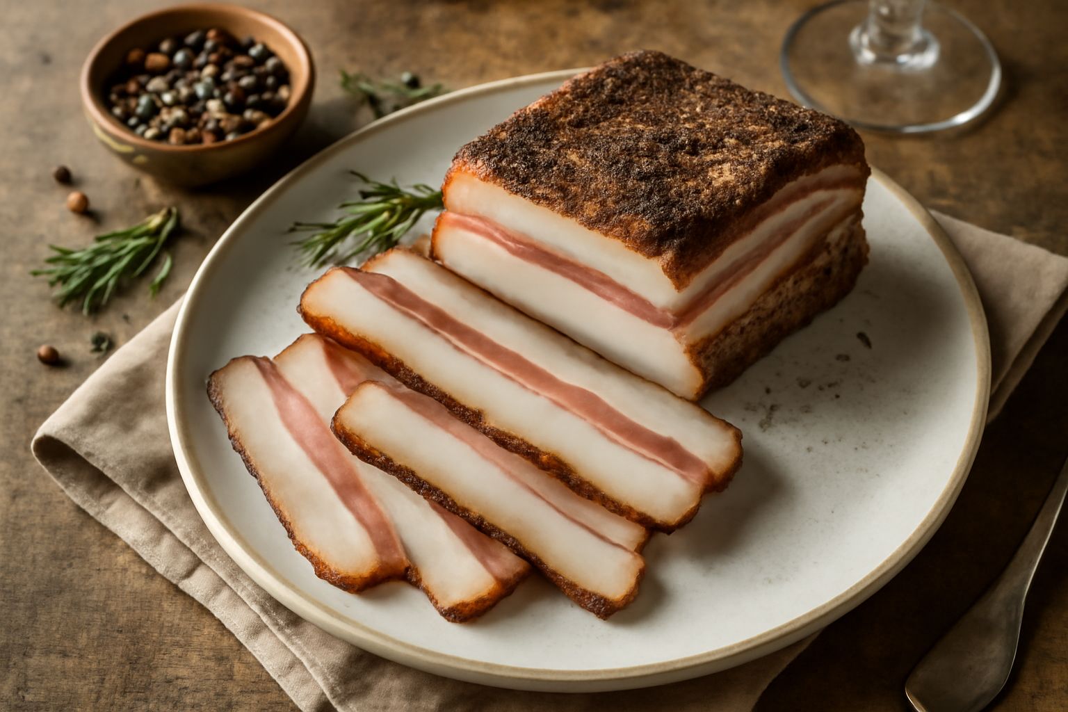 Fette di lardo affumicato di colore ambrato con striature marmorizzate, su tavolo di legno scuro con rametto di rosmarino e chicchi di pepe nero accanto