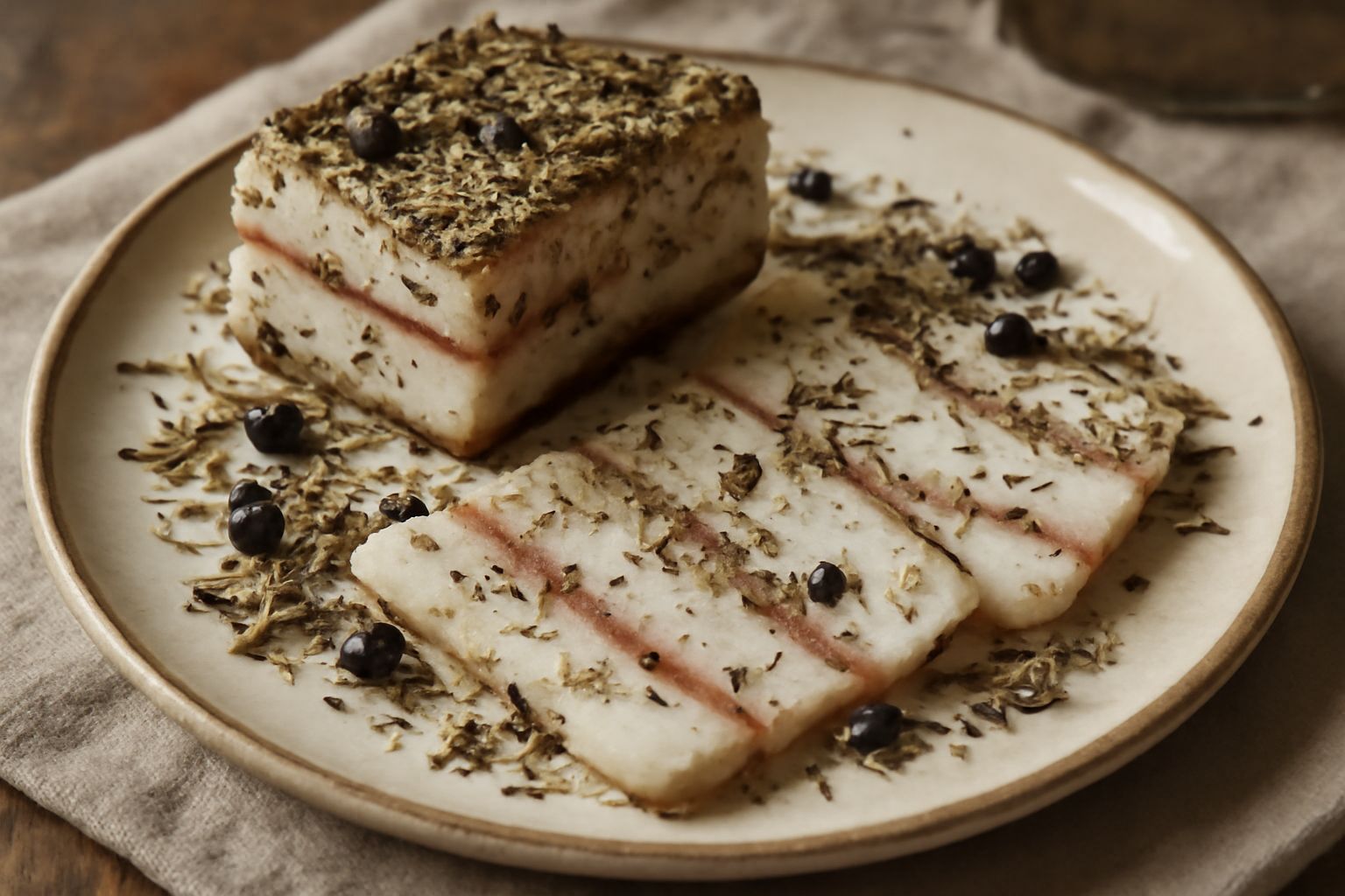 Lardo aromatico a fette, colore bianco avorio con striature rosa, adagiato su un piatto bianco, con rametti di rosmarino fresco e bacche di ginepro sparse intorno