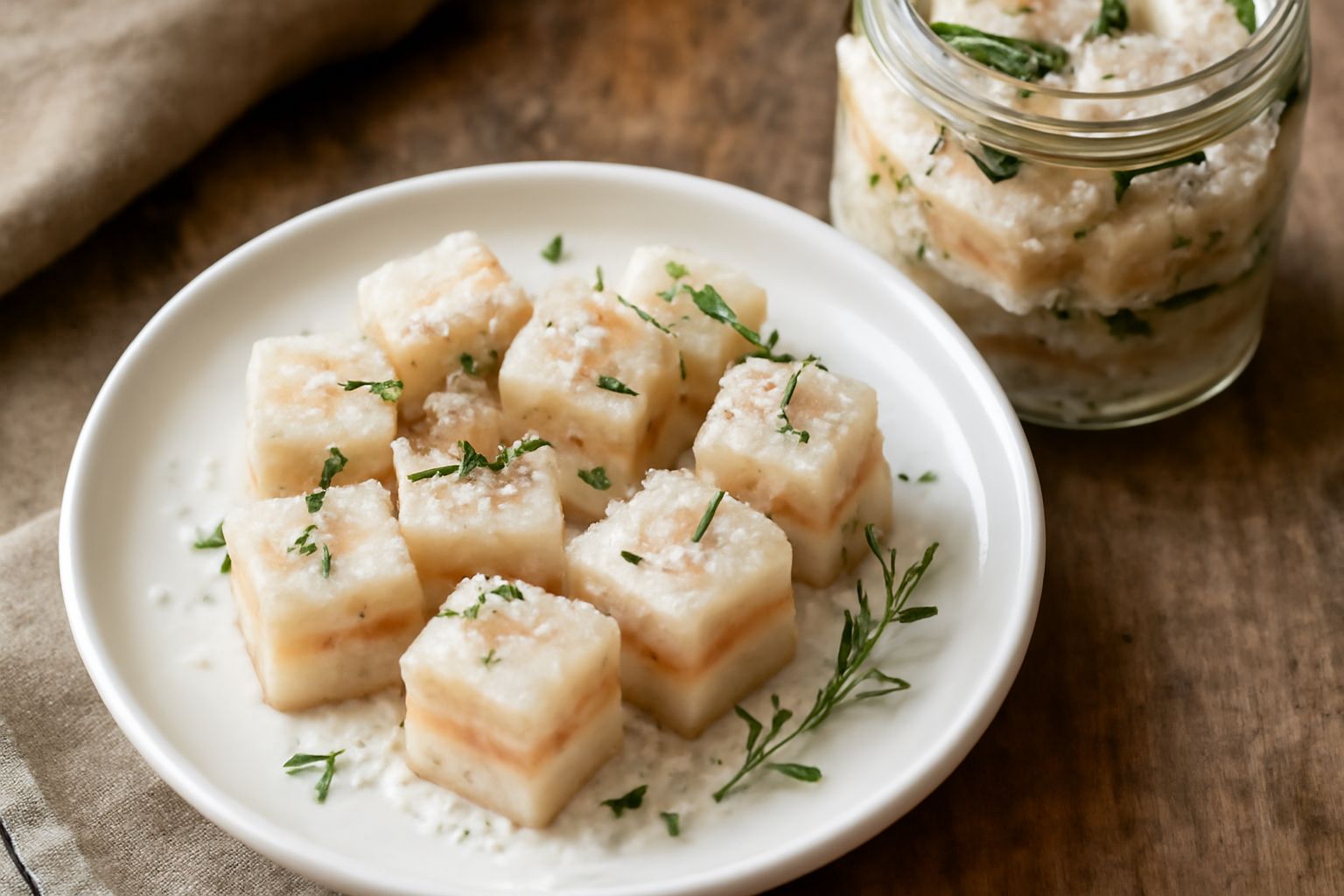 Barattolo di vetro con lardo cubico bianco e grasso cremoso intervallato da cristalli di sale grosso e fettucce di rosmarino secco, immagine in luce naturale da sopra