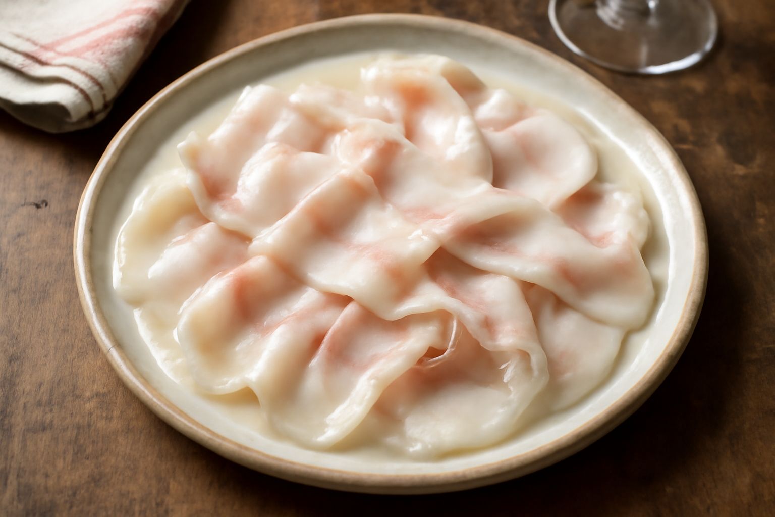Piatto bianco con fette sottili di lardo rosato e marmorizzato, adagiato su carta pergamena, accanto a una ciotola di sugna trasparente e rametti di rosmarino fresco