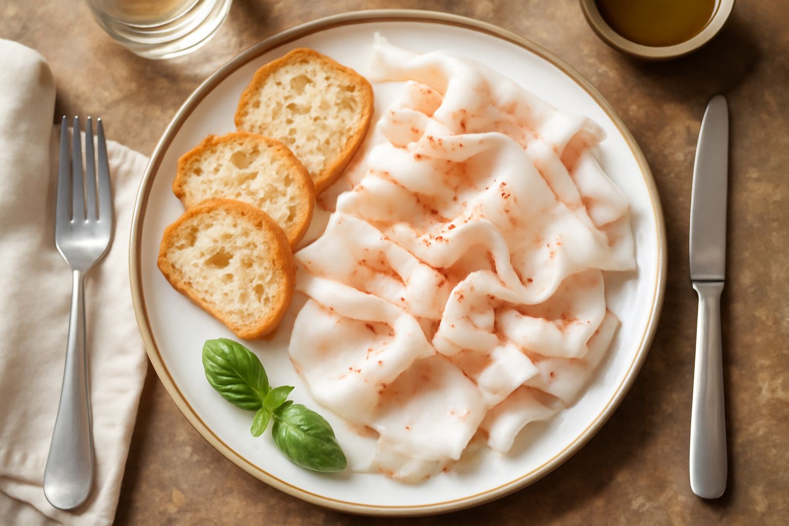 Fette sottili e trasparenti di lardo d'Arnad bianchissimo, disposte leggermente sovrapposte su un piatto di ceramica bianca, accanto a pane tostato e un calice di vino rosso leggero