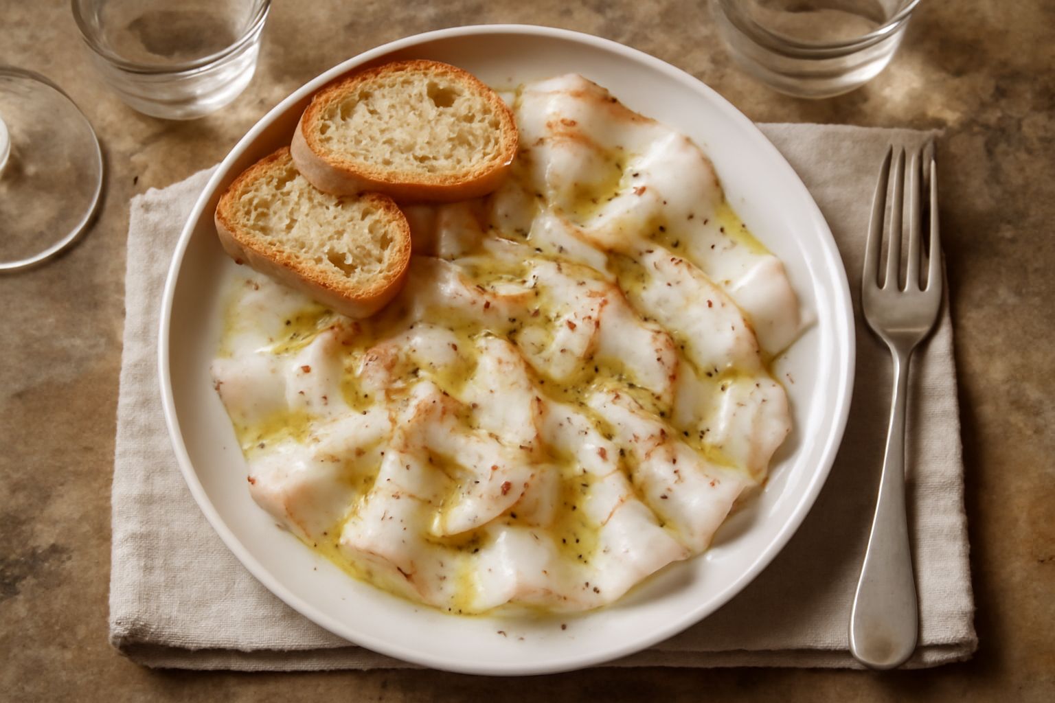 Fette sottili di Lardo di Arnad di colore bianco latteo con striature rosse, disposte su un piatto bianco con pane tostato e bicchiere di vino rosso