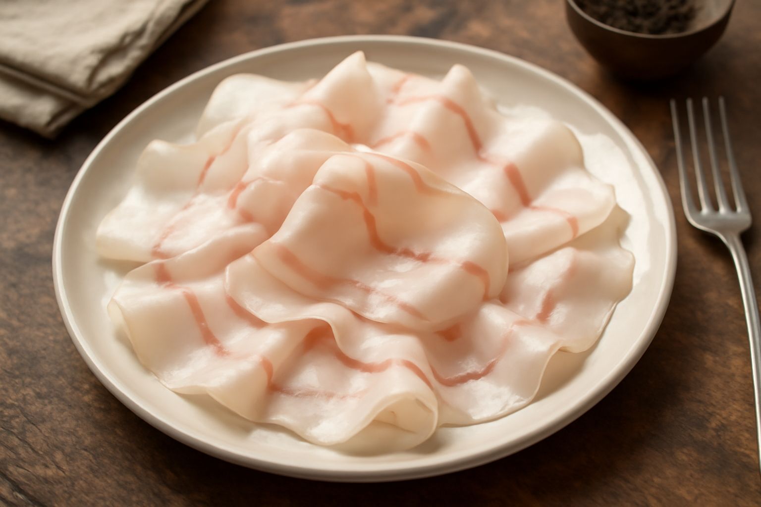 Fette sottili di lardo di Calabria color bianco panna con venature rosa, disposte su un piatto bianco, accanto a pane tostato e un coltello da burro