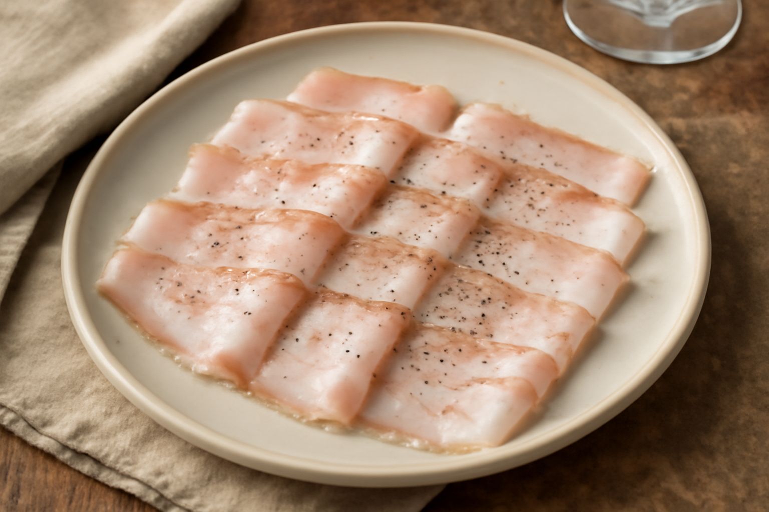 Fette di lardo di Colonna rosa e bianche sovrapposte su un tagliere di legno, con rosmarino fresco e pepe nero accanto, con sfondo di lino bianco