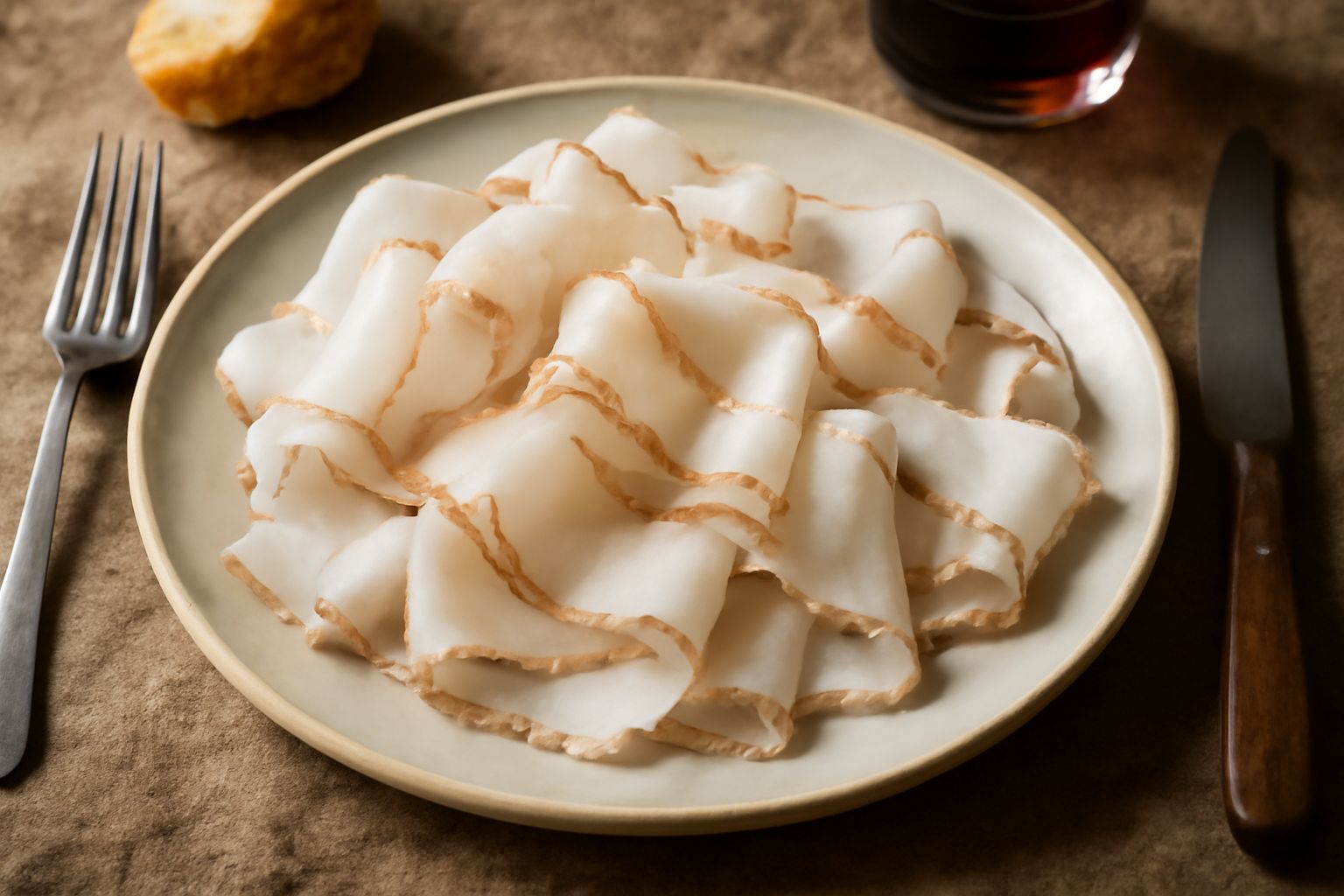 Fette sottili di lardo di Colonnata con striature rosa e bianche, disposte su un piatto bianco con pane tostato scuro e un bicchiere di vino bianco