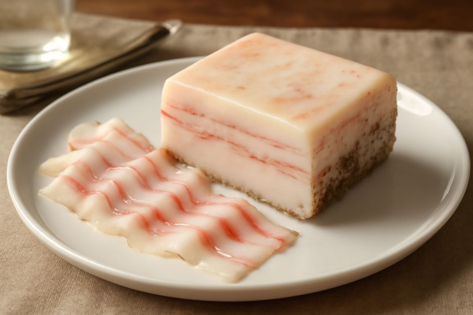 Fette sottili di lardo di colonnata marezzato di bianco e rosa poggiato su un piatto di ceramica bianca, con sfondo di marmo grigio e luce naturale