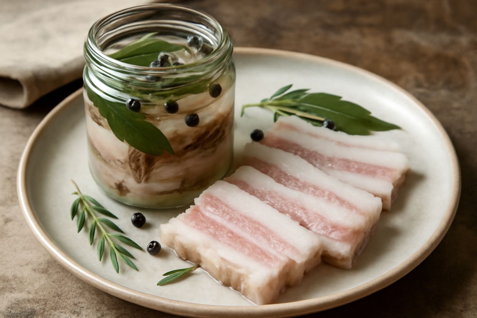 Barattolo di vetro con lardo di Como bianco e rosa disposto in strati, ricoperto di liquido trasparente, spezie e aghi di rosmarino visibili, etichetta su sfondo di legno naturale