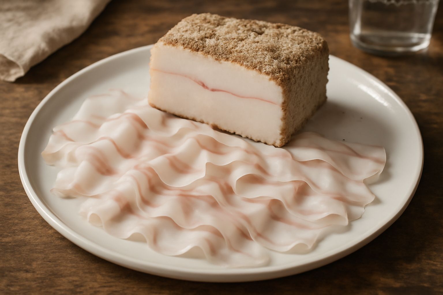 Lardo di maiale bianco e rosato affettato sottile su una tavola di legno scuro, con accanto ciotole di sale grosso e rametti di rosmarino e timo secco