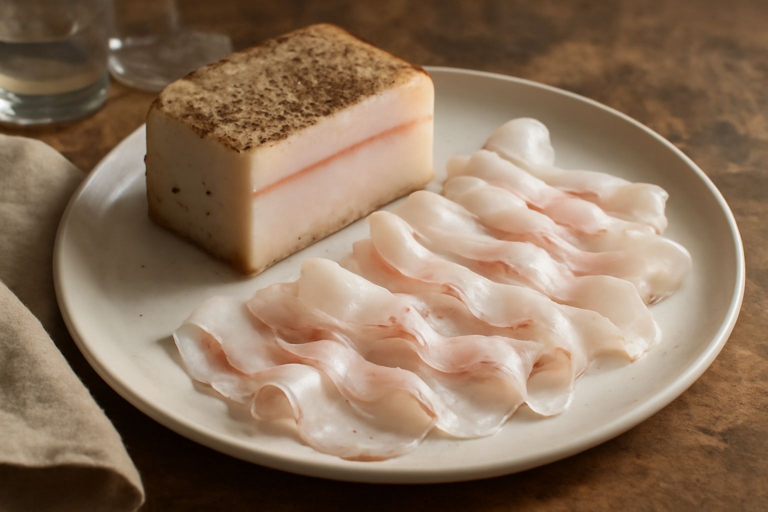 Fette di lardo marchigiano dal colore bianco rosato, tagliate sottili, disposte a ventaglio su un piatto bianco con una guarnizione di prezzemolo fresco e pepe nero macinato