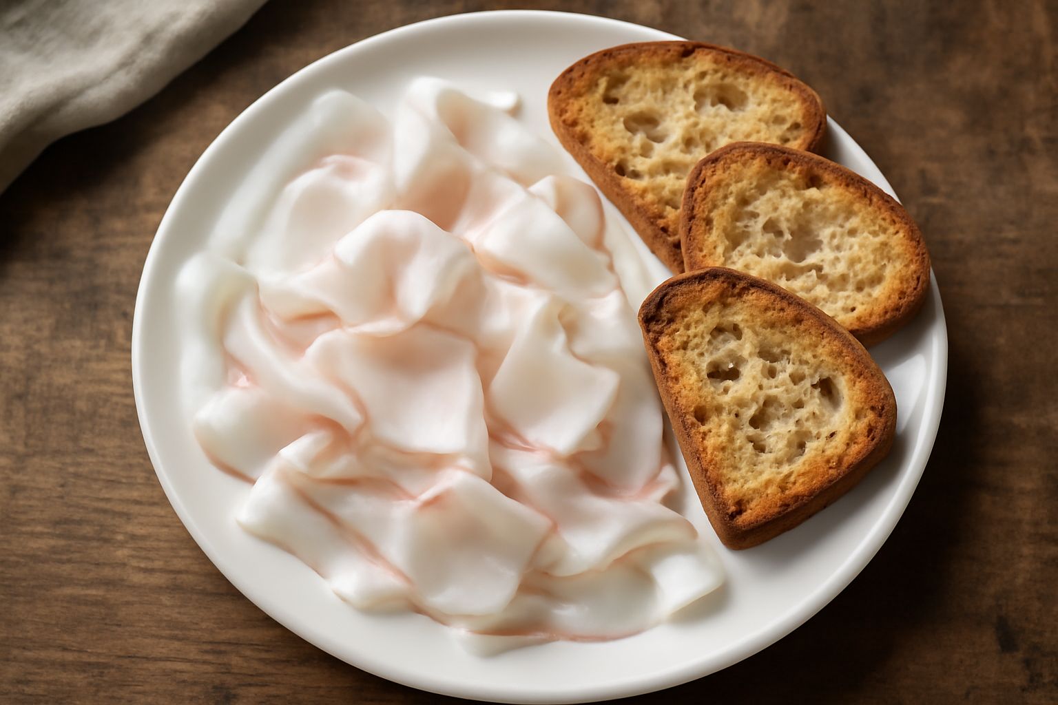 Lardo salato affettato sottile in un piatto bianco, pezzi color bianco latteo con venature rosate, circondato da fette di pane tostato