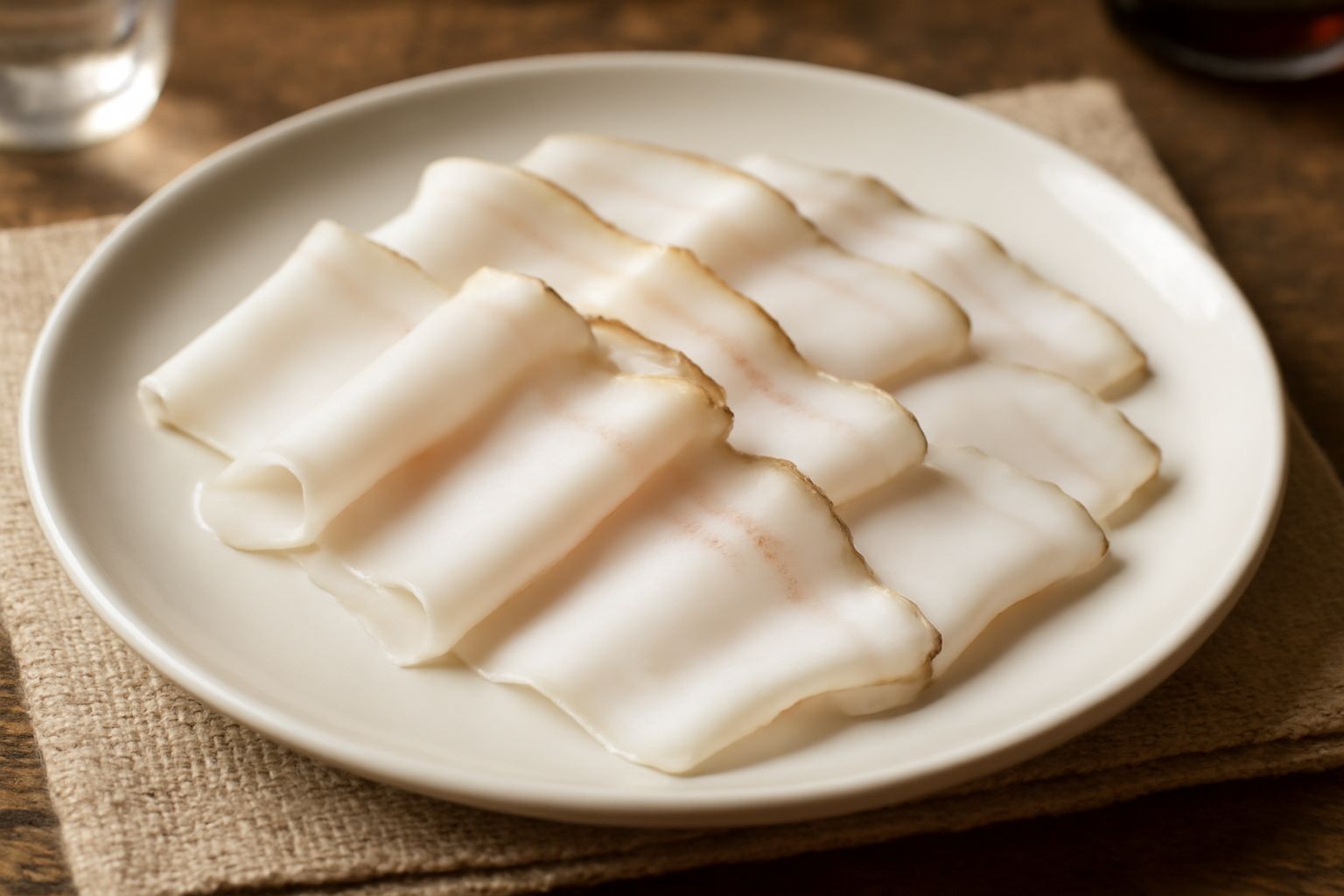 Lardo stagionato bianchissimo a fette sottilissime, traslucide e delicate, disposte a ventaglio su un piatto bianco freddo con pane tostato ai lati