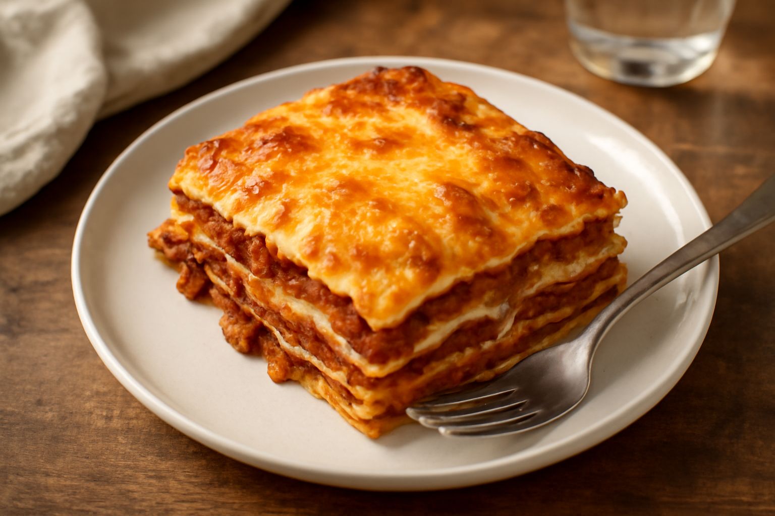 Lasagna tagliata e servita nel piatto bianco, strati dorati di pasta, ragù rosso scuro, besciamella bianca cremosa, superficie gratinata in oro leggermente bollicante ai bordi, guarnizione di prezzemo