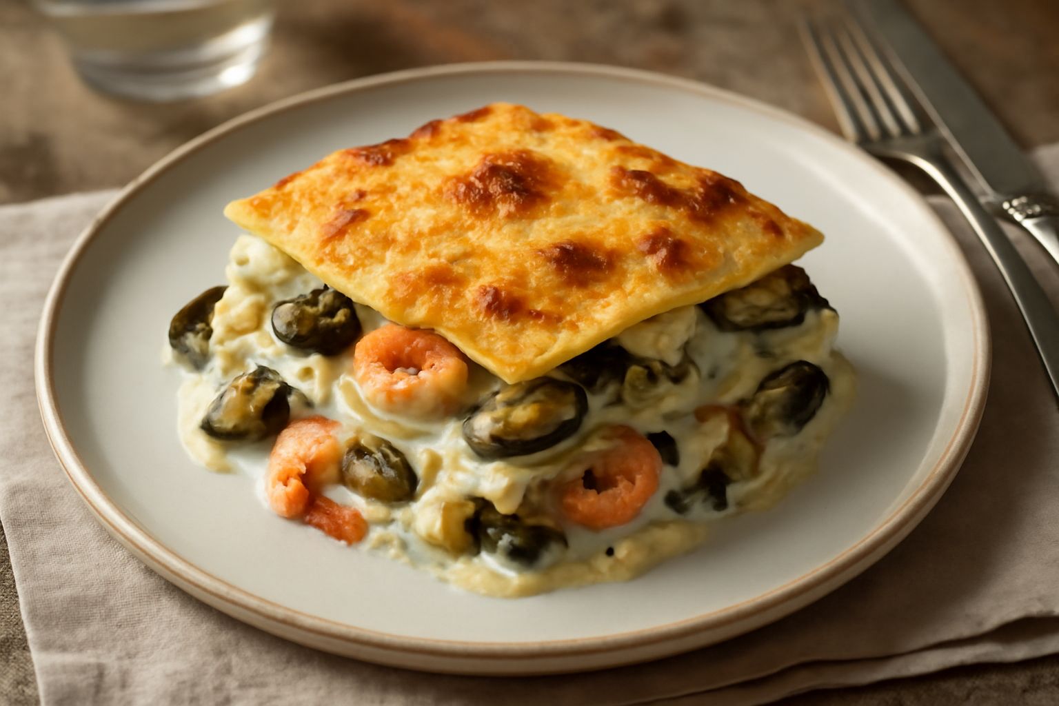 Lasagna ai frutti di mare appena sfornata, squadrata nel piatto, con strati visibili di pasta sfoglia gialla, ragù bianco cremoso con pezzi di vongole, cozze e gamberi rosati, gratinata in superficie