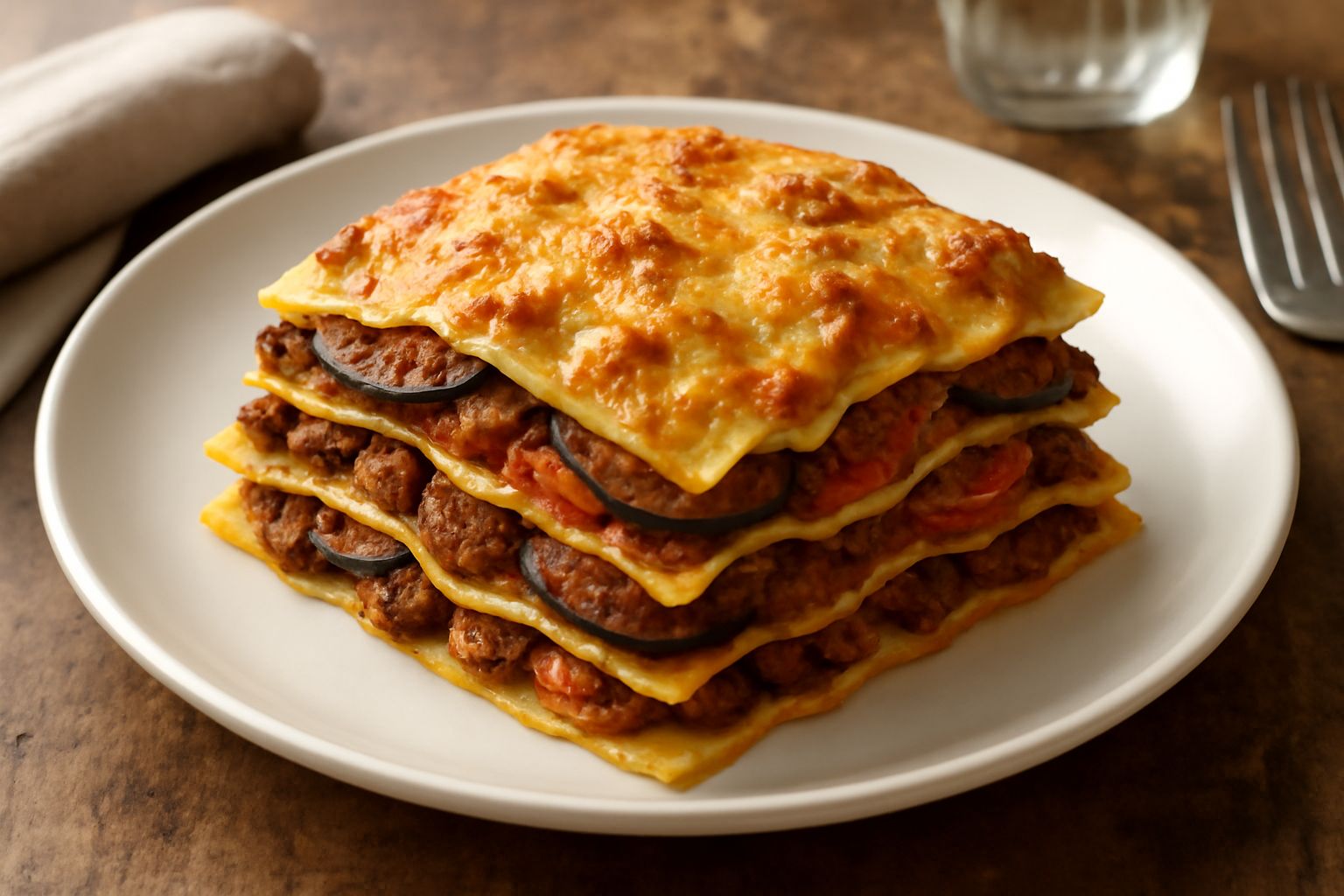 Lasagna alla siciliana tagliata a fette su piatto bianco, visibili gli strati di pasta gialla, ragù scuro, melanzane viola, formaggio filante e pomodoro rosso